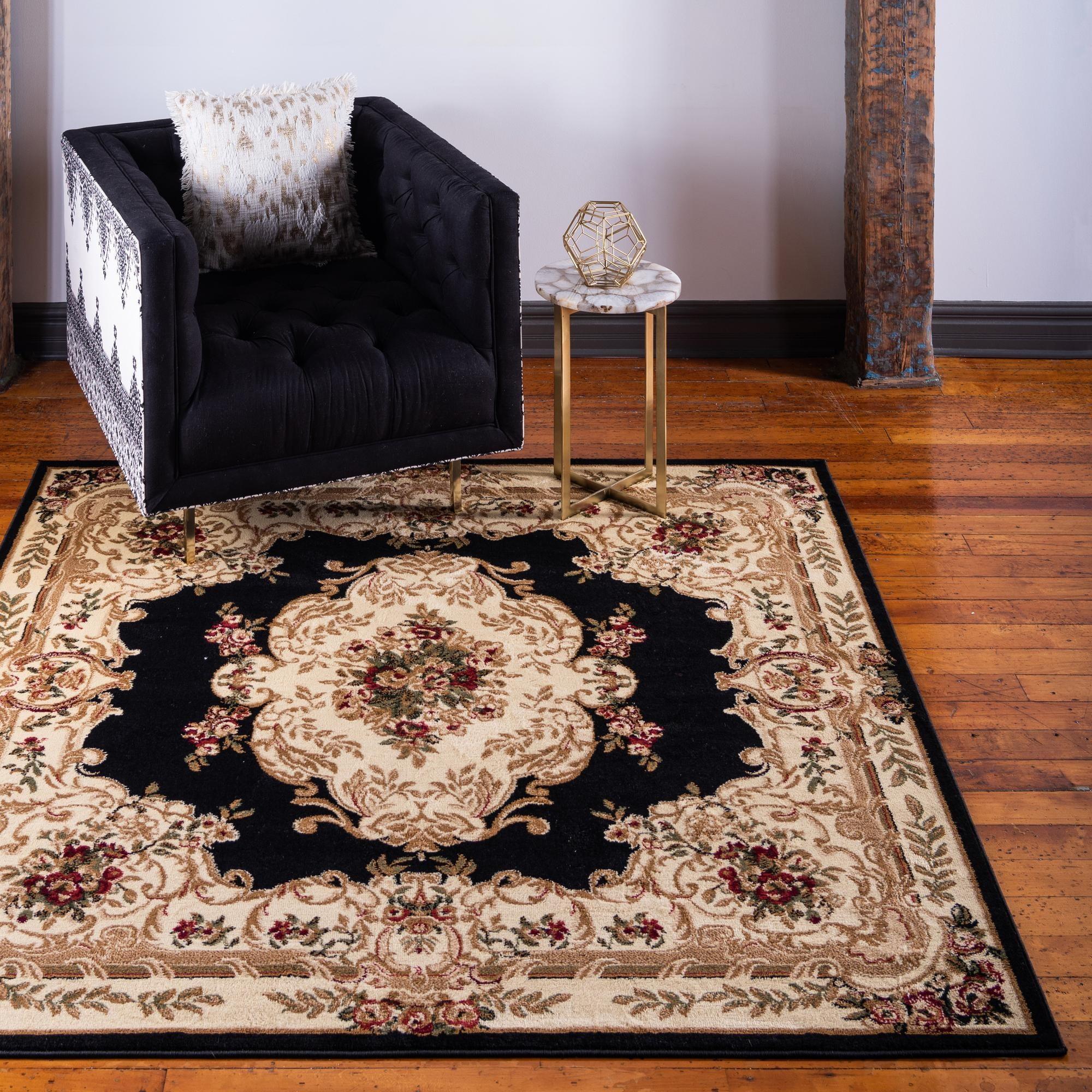 Elegant Square Black Synthetic Indoor Rug 6' Easy Care Stain-Resistant