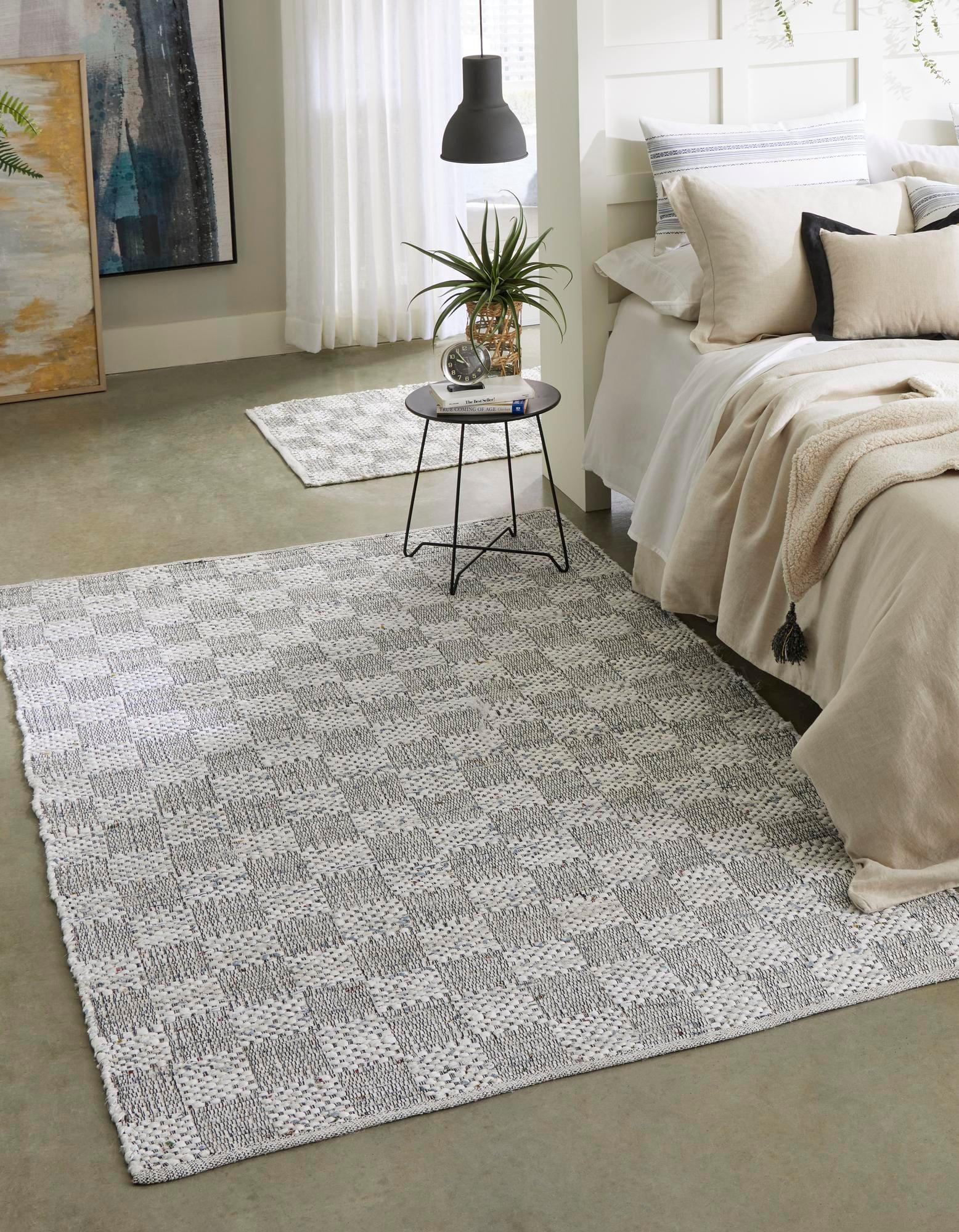 Unique Loom Checkered Chindi Cotton Rug Ivory/Gray 8' x 10' Rectangle Hand Made Geometric Modern Perfect For Living Room Bed Room Dining Room Office