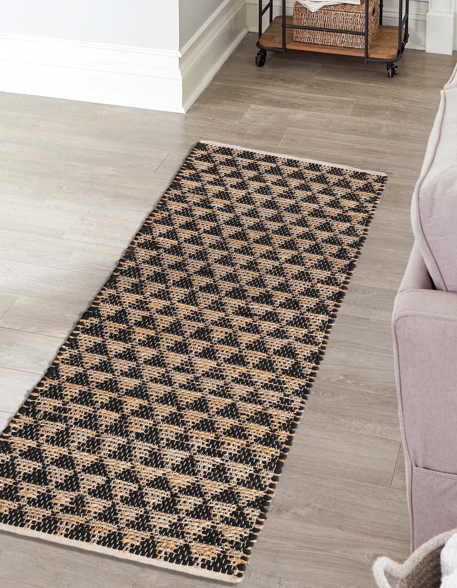 Handmade Black and Natural Geometric Jute Runner