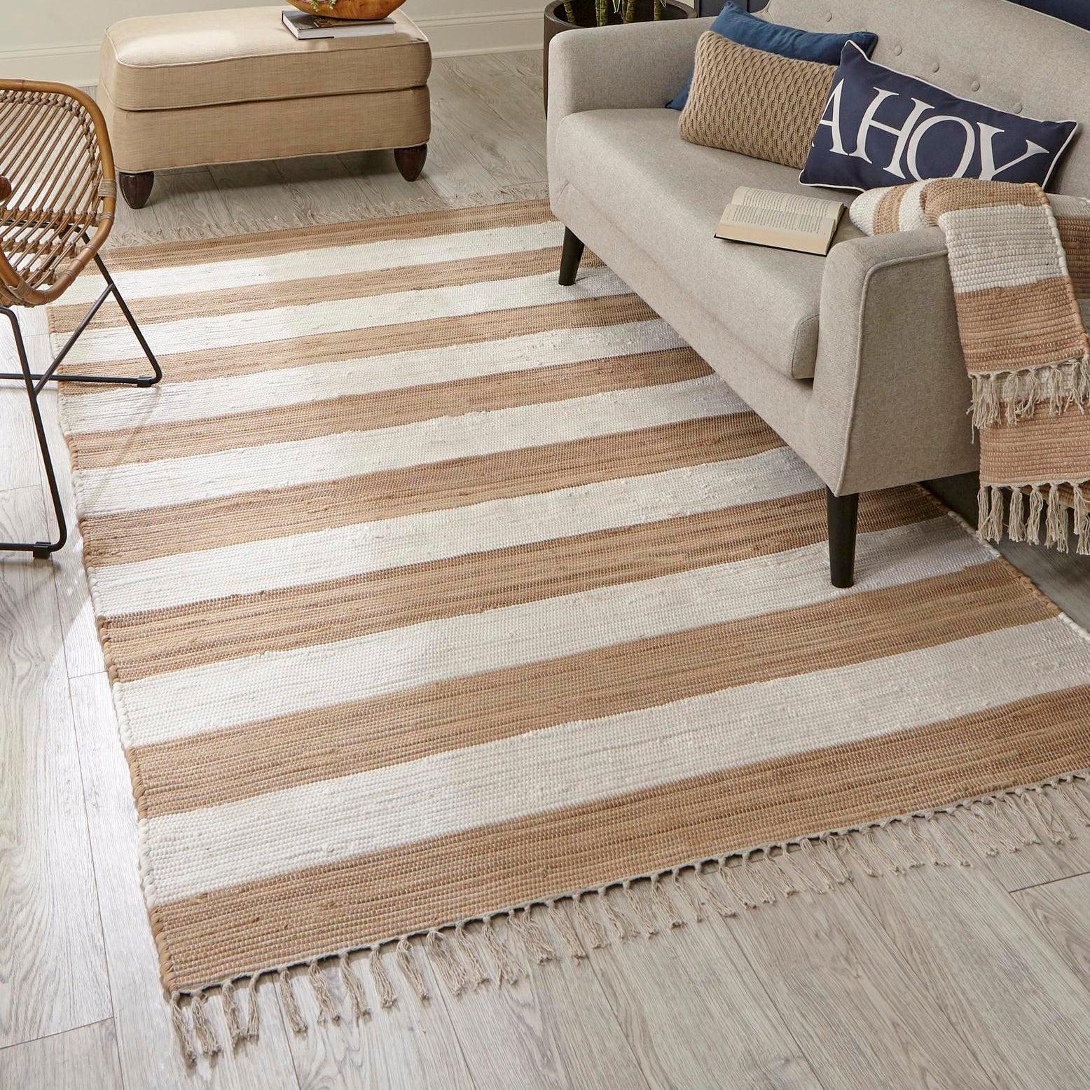 Unique Loom Chindi Rag Collection Area Rug - Striped (6' 1" x 9' Rectangle Beige/Ivory)