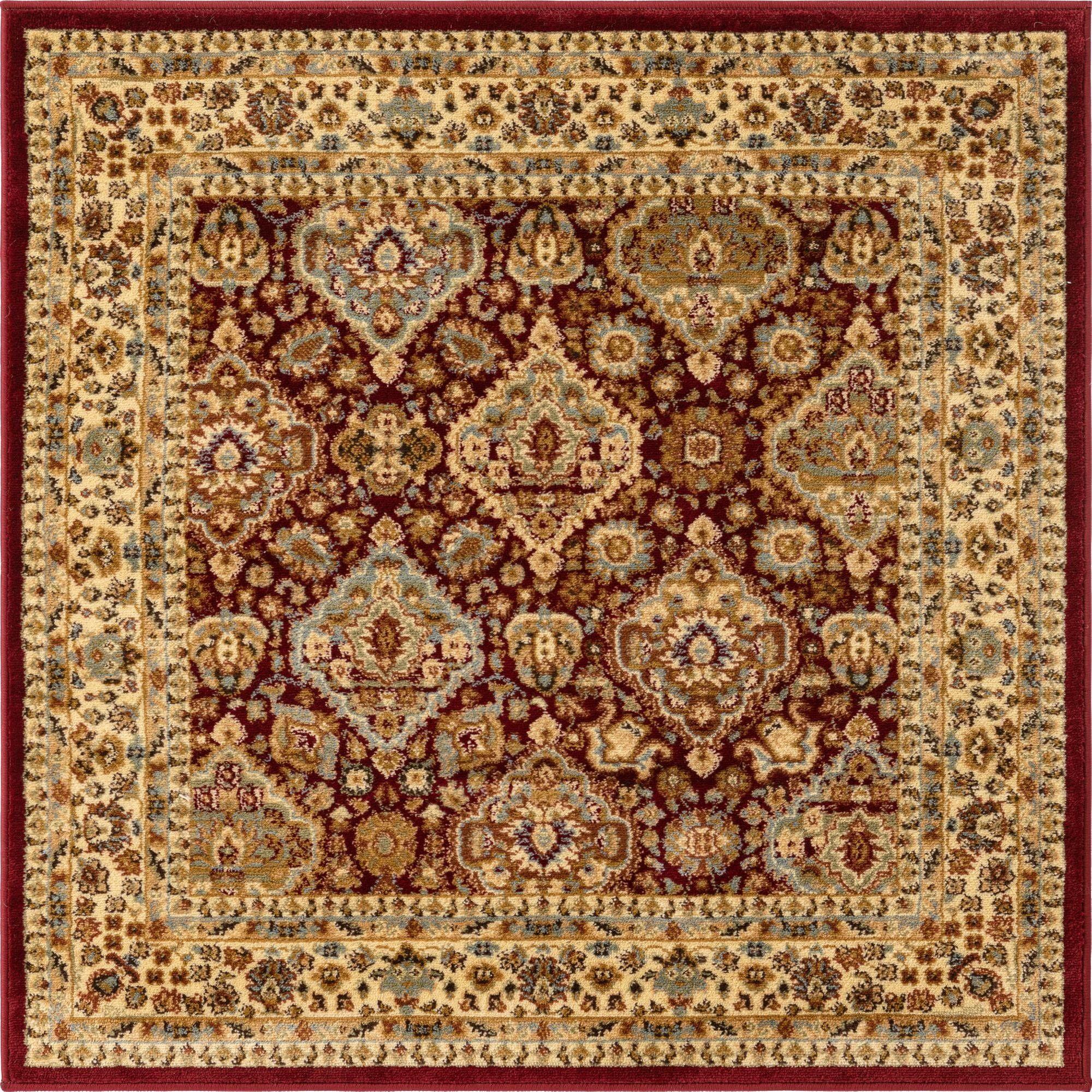 Elegant Red Square Floral Indoor Rug 4' x 4' - Stain-Resistant Synthetic