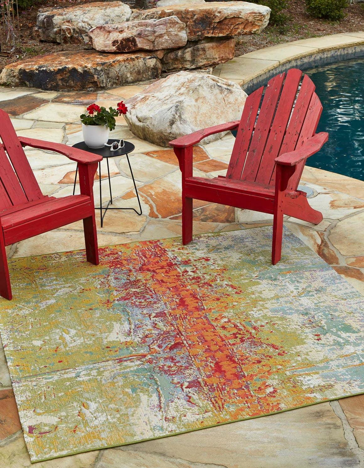 Vibrant Square Outdoor Rug in Multicolor Abstract Synthetic 5'1" Easy Care
