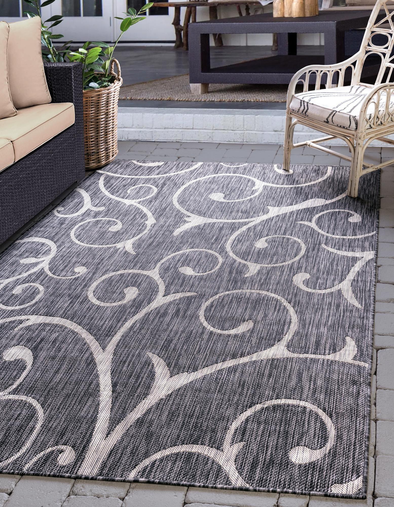 Unique Loom Curl Indoor/Outdoor Botanical Rug Charcoal Gray/Gray 4' 1" x 6' 1" Rectangle Damask Modern Perfect For Patio Deck Garage Entryway