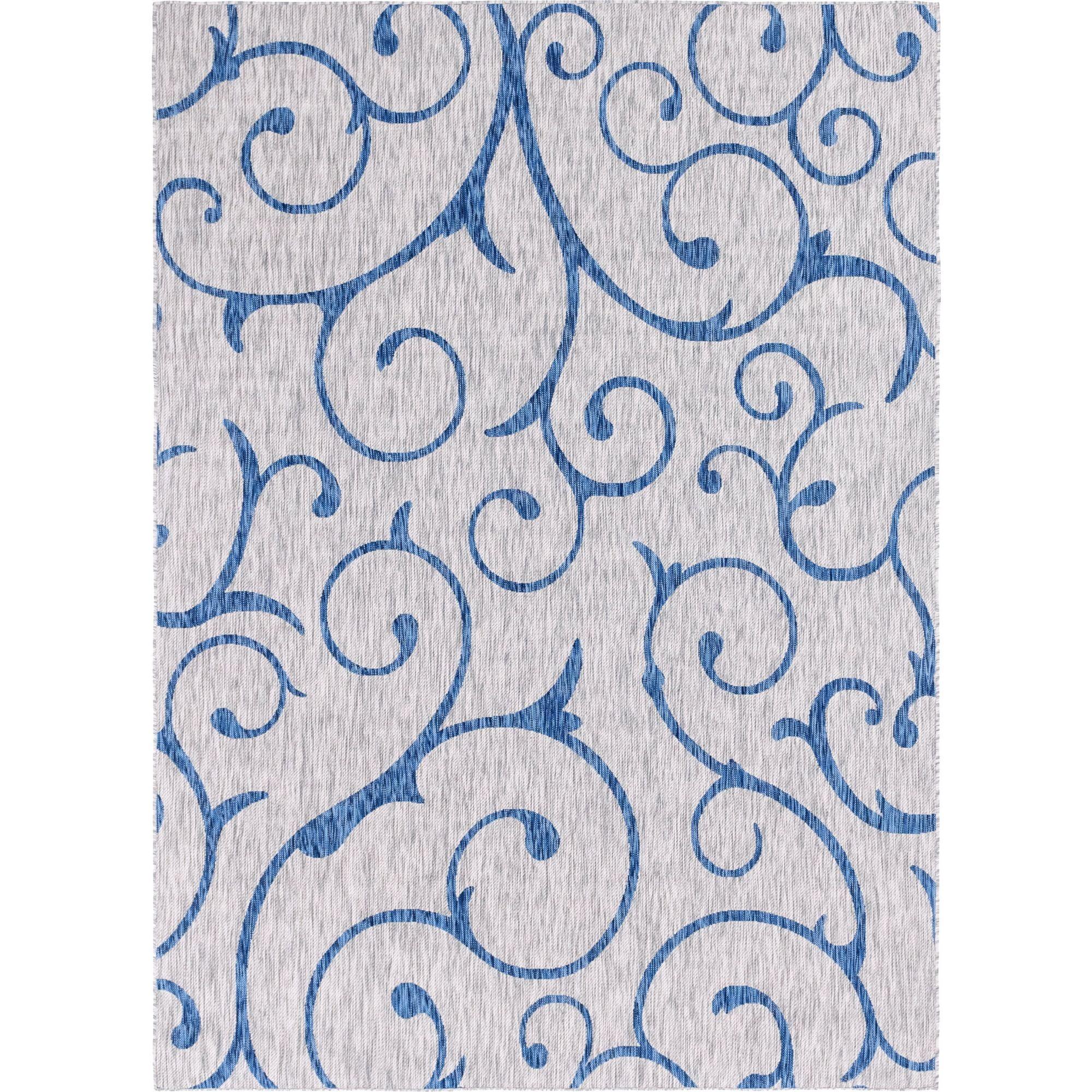 Gray and Blue Rectangular Outdoor Synthetic Rug