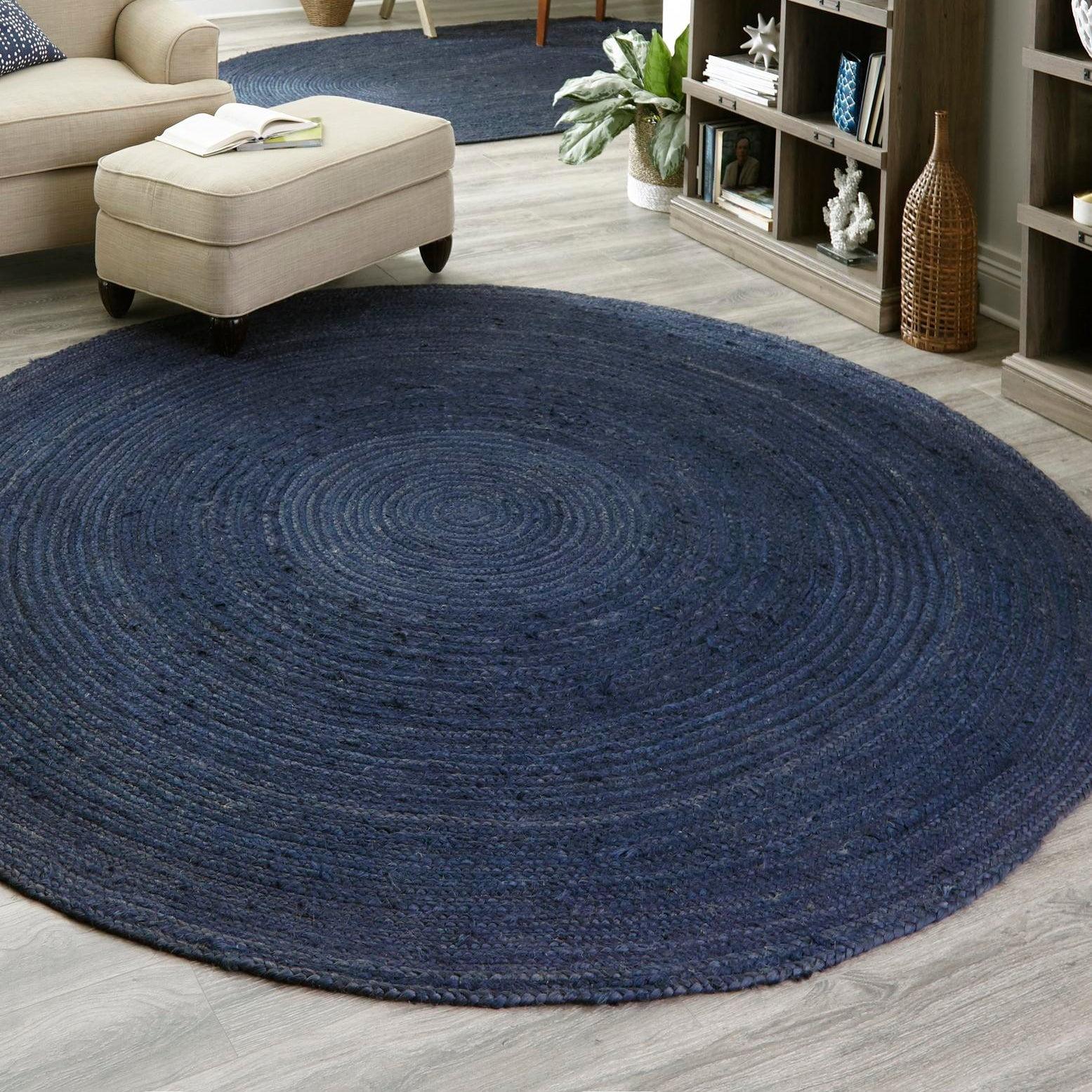 Unique Loom Braided Jute Collection Area Rug - Dhaka (3' 3" Round Navy Blue)