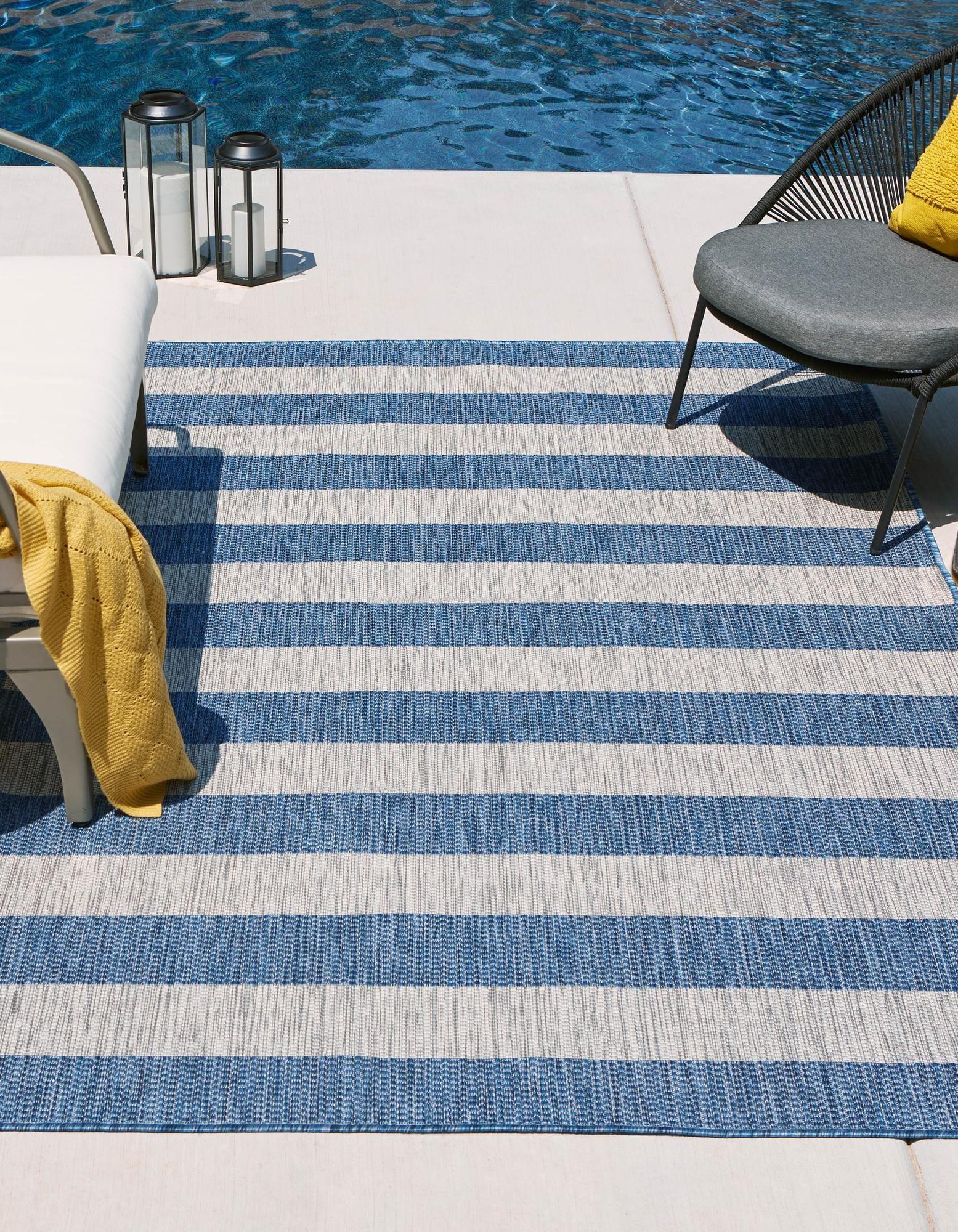 Riviera Stripe Blue/Ivory Synthetic 5' x 8' Outdoor Rug