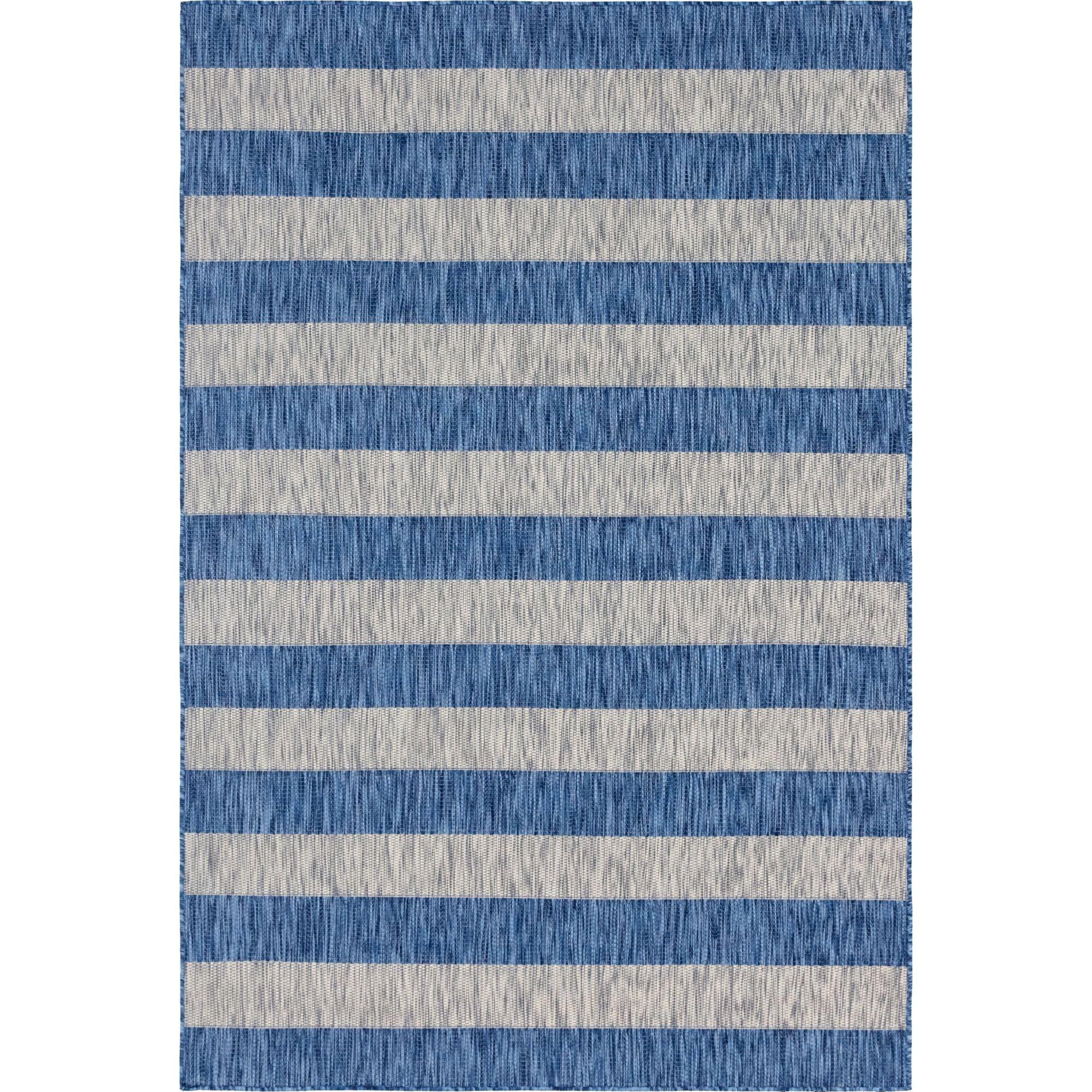 Coastal Breeze Blue and Ivory Stripe 6' x 9' Easy-Care Outdoor Rug