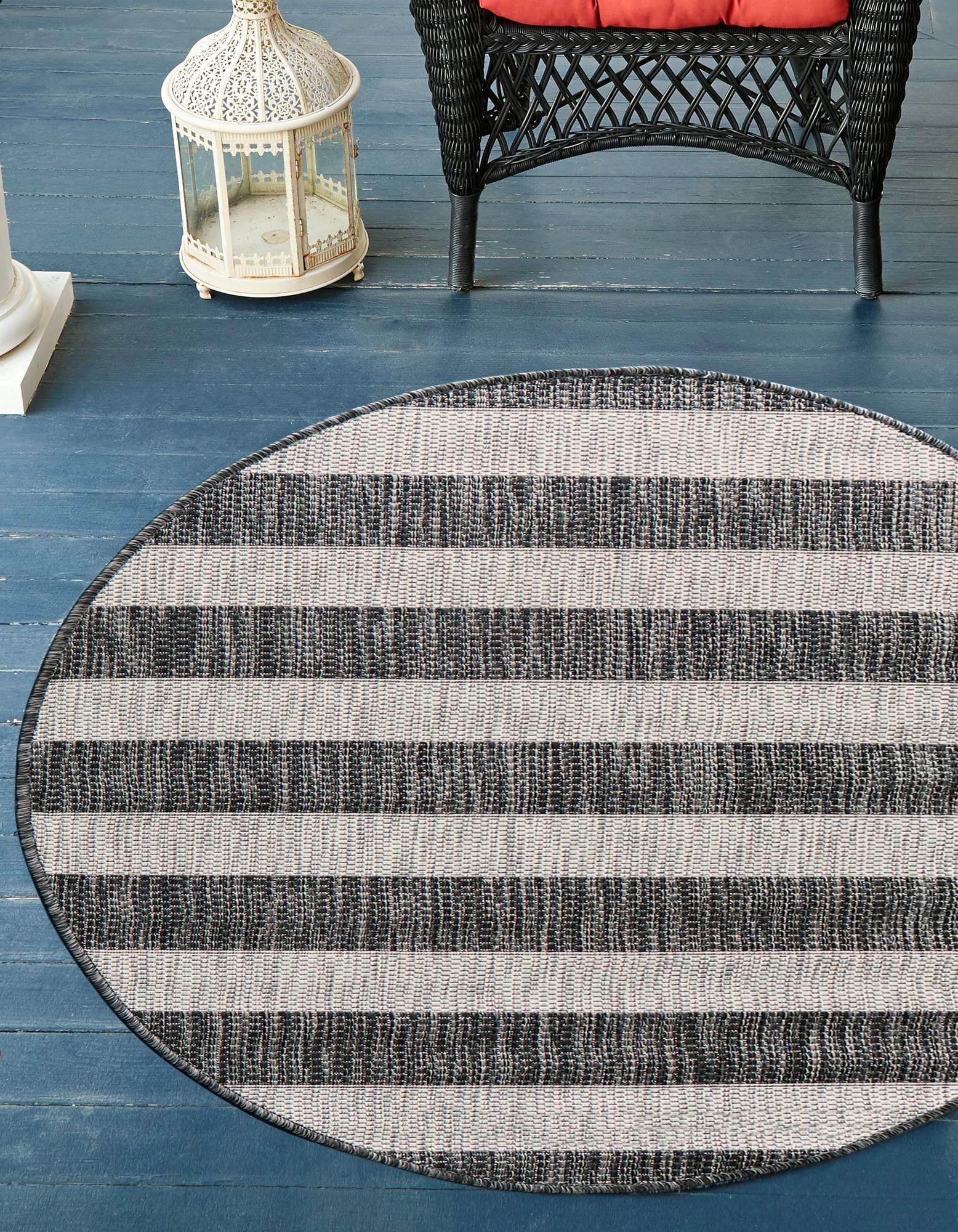 Round Gray and Black Striped Outdoor Rug