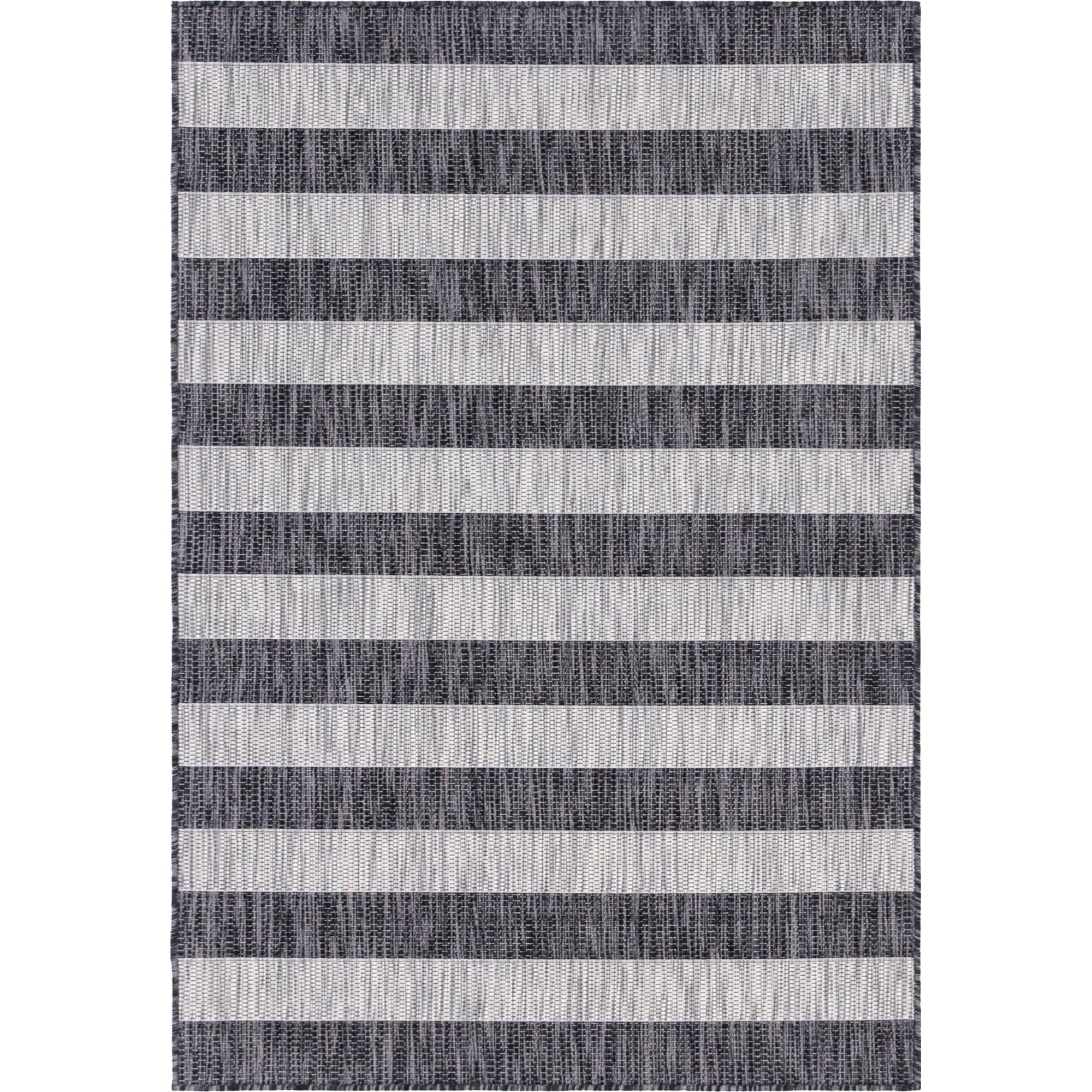 Charcoal Gray and Black Stripe Synthetic Outdoor Rug 4' x 6'