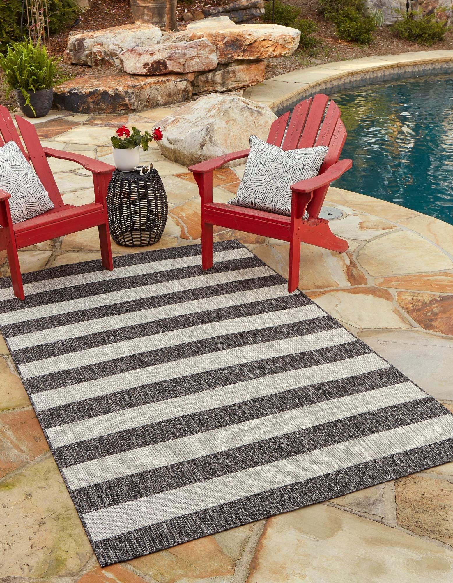 Unique Loom Outdoor Striped Collection Area Rug - Distressed Stripe (9' x 12' 2" Rectangle Charcoal Gray/Ivory)