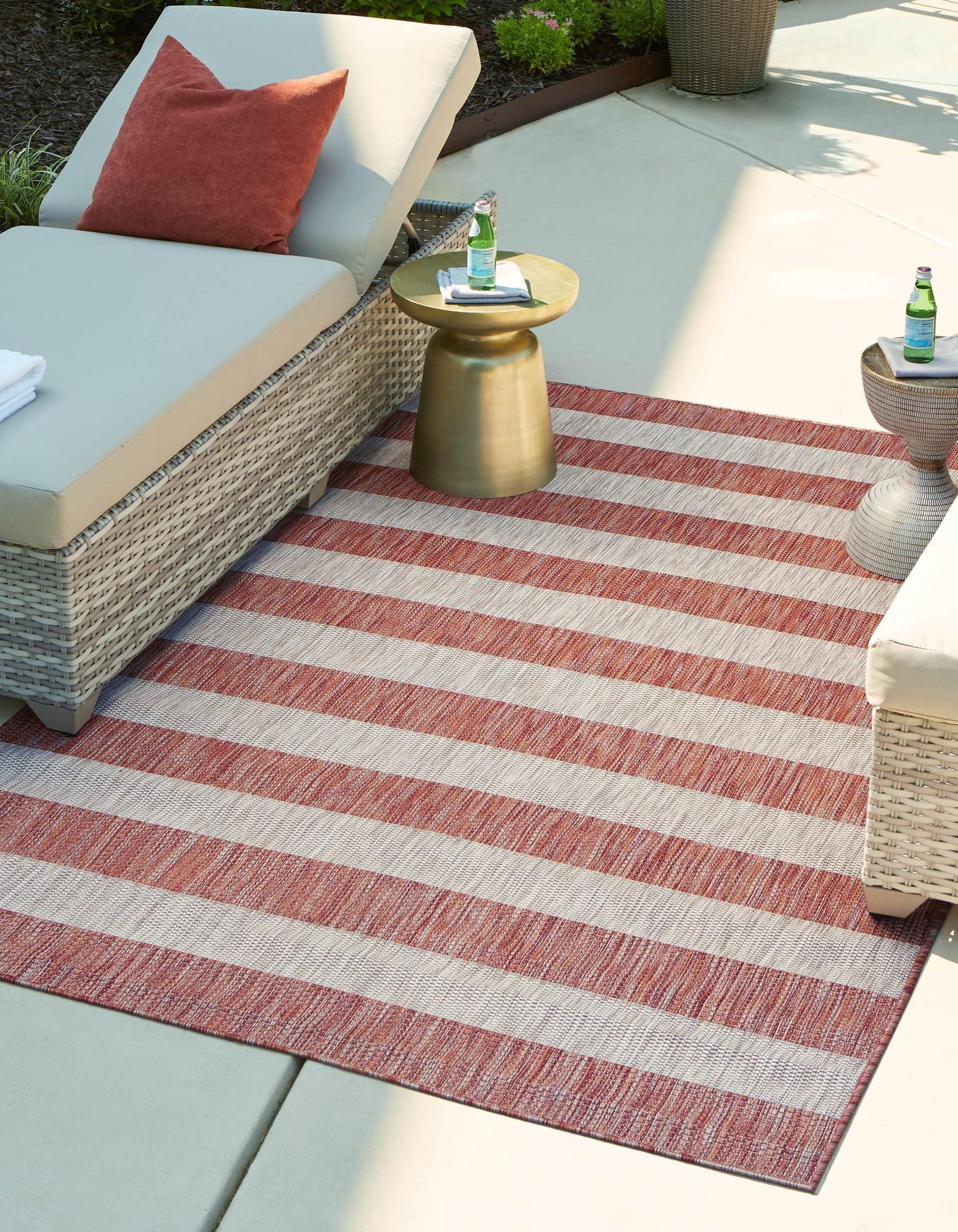 Rust Red and White Striped Outdoor Rectangular Rug