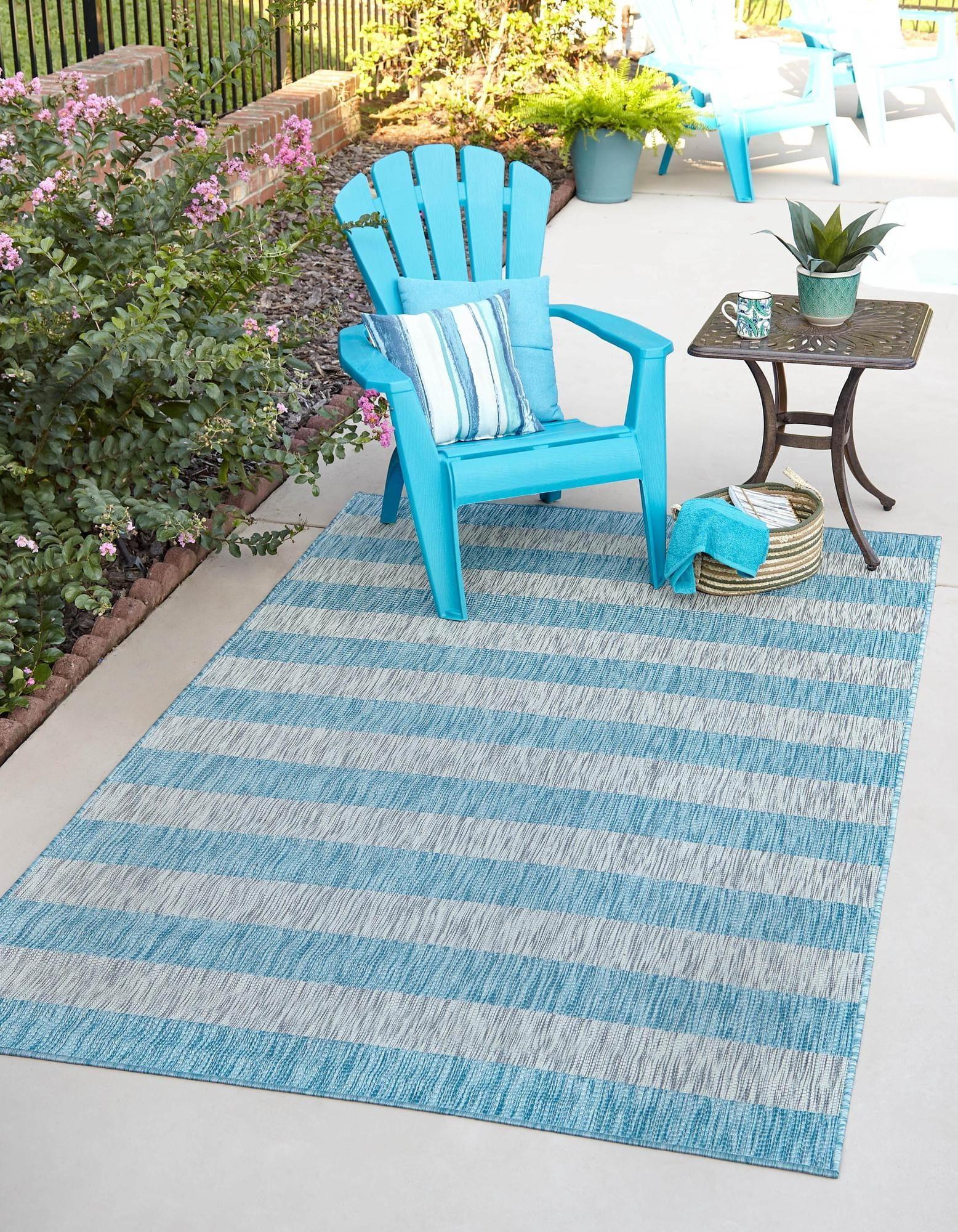 Unique Loom Outdoor Striped Collection Area Rug - Distressed Stripe (8' x 11' 4" Rectangle Light Aqua/Gray)