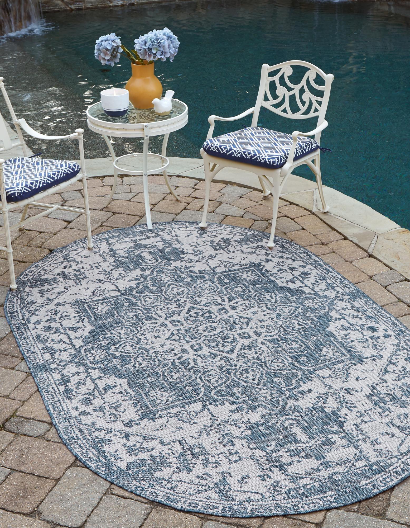 Blue/Ivory Oval Synthetic Medallion Outdoor Rug, 5'3" x 8'