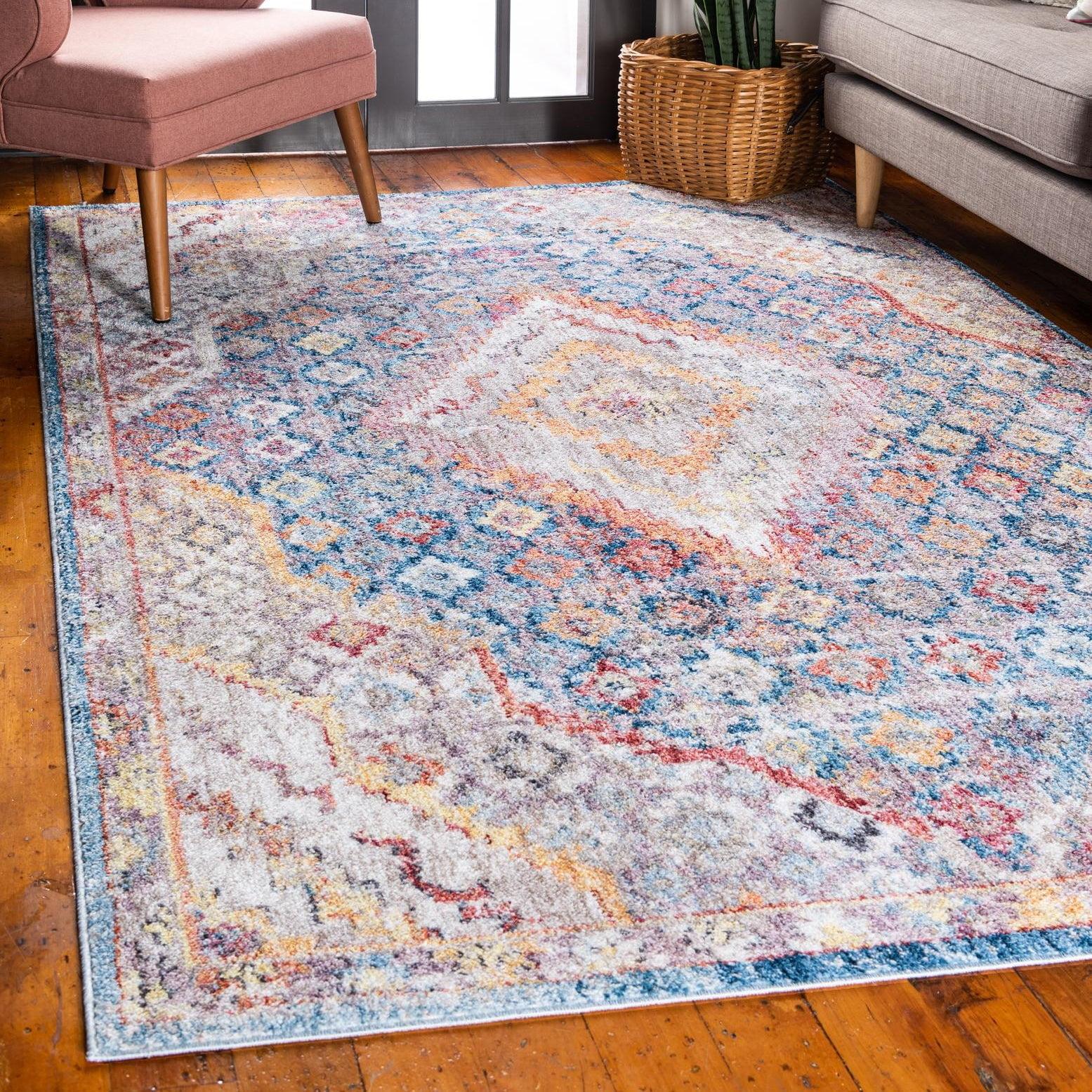 Brighton Blue Rectangular Synthetic Easy-Care Stain-Resistant Rug