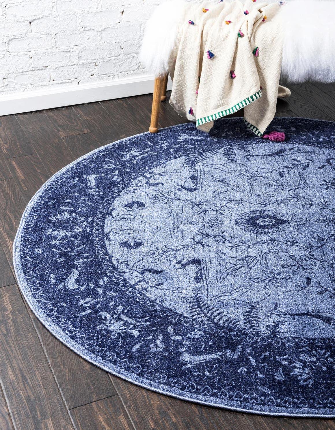 Navy Bliss Floral Easy-Care Synthetic Round Rug, 6'1"