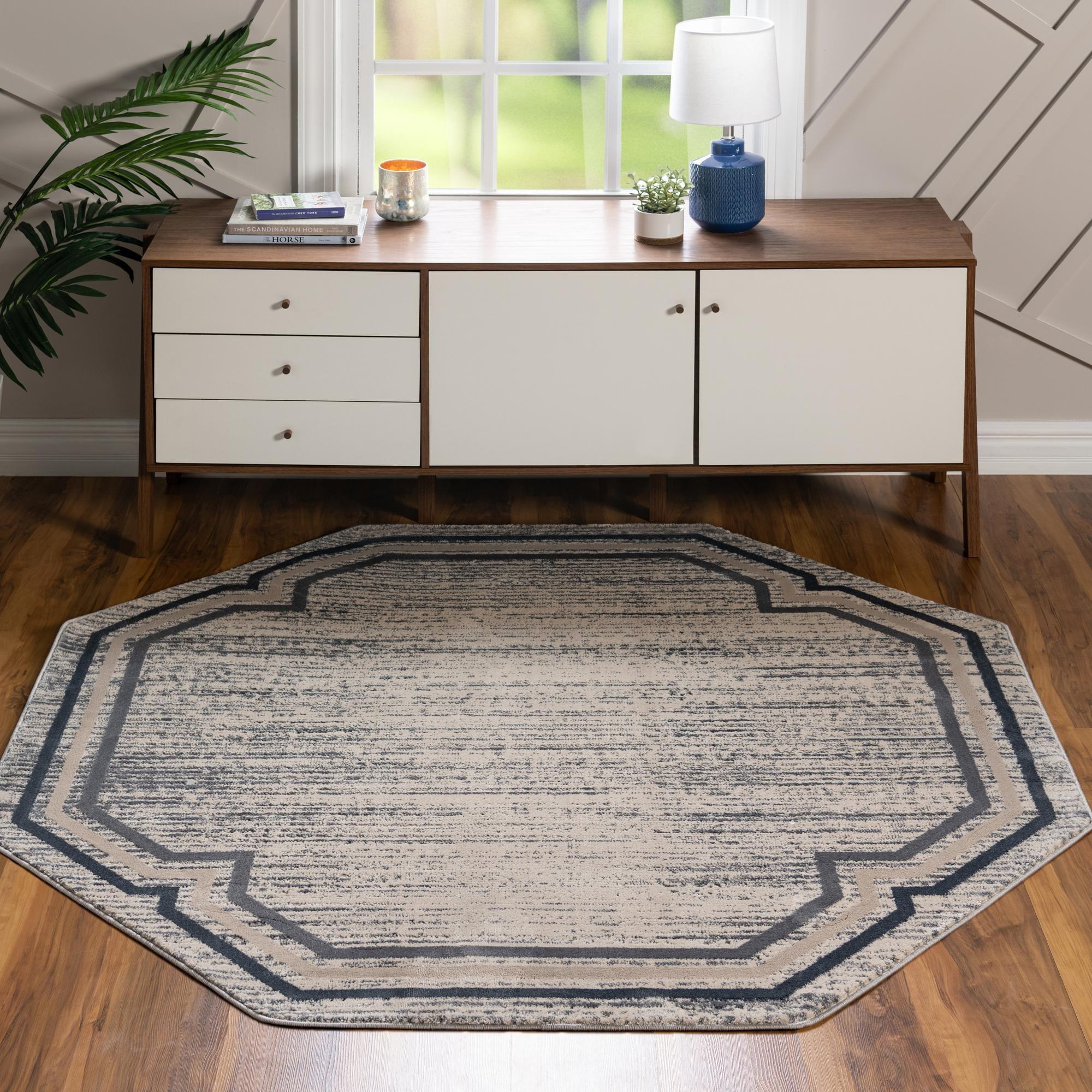 Soothing Gray Abstract Octagon Rug with Easy-Care Synthetic Fibers