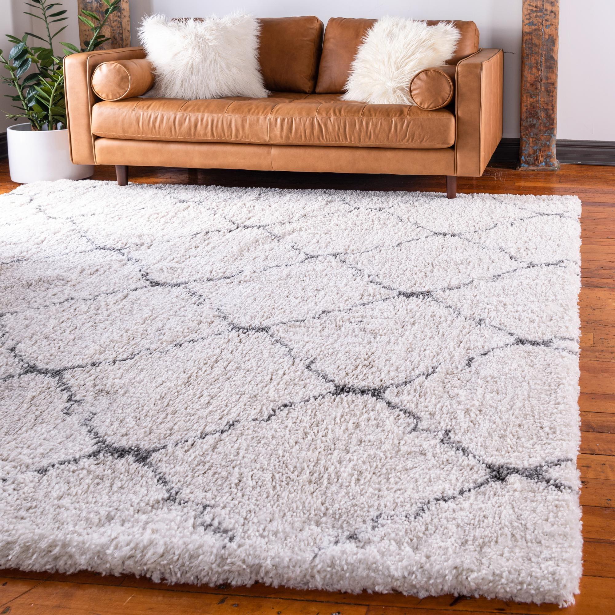 Ivory Square Trellis Shag Rug with Stain-Resistant Synthetic Fibers