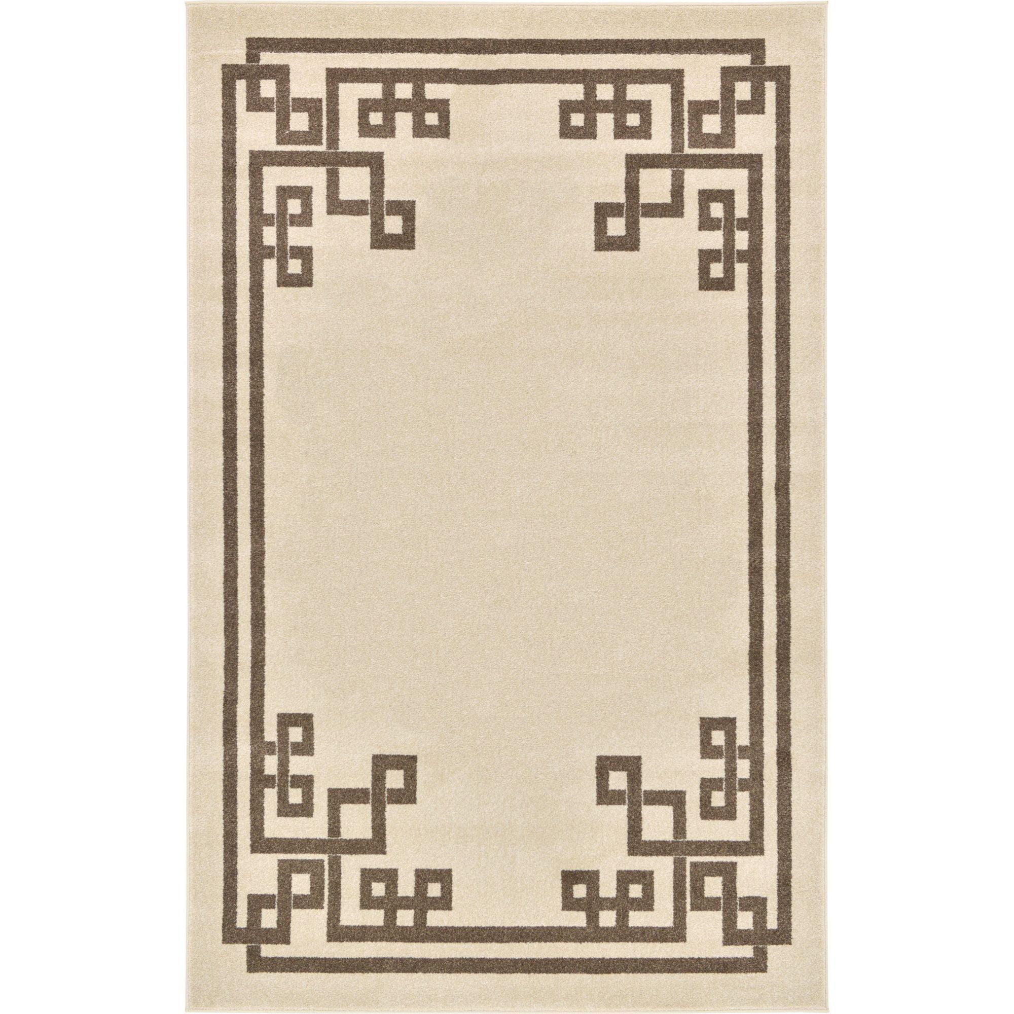 Beige and Brown 5' x 8' Rectangular Geometric Easy-Care Rug