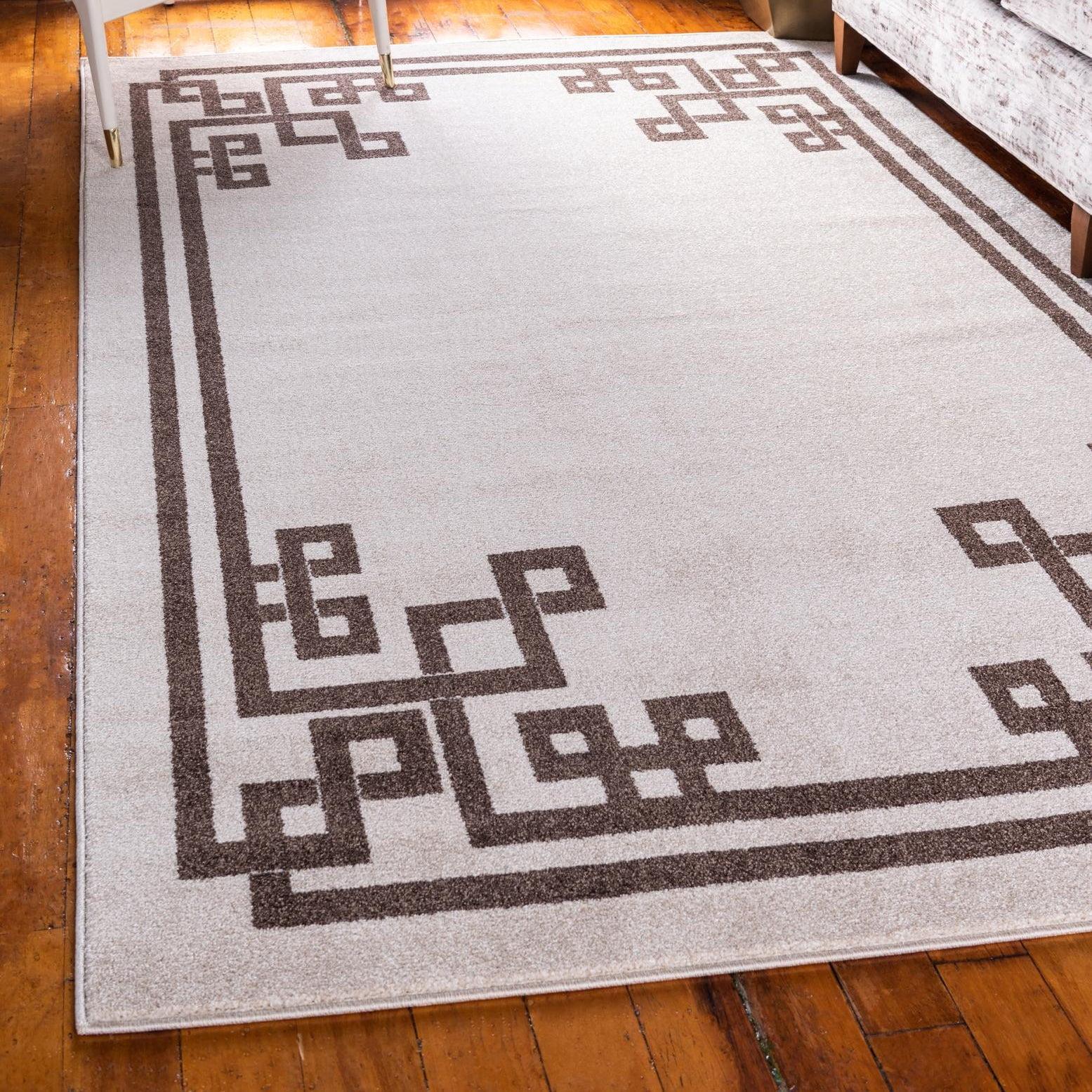 Beige and Brown 5' x 8' Rectangular Geometric Easy-Care Rug