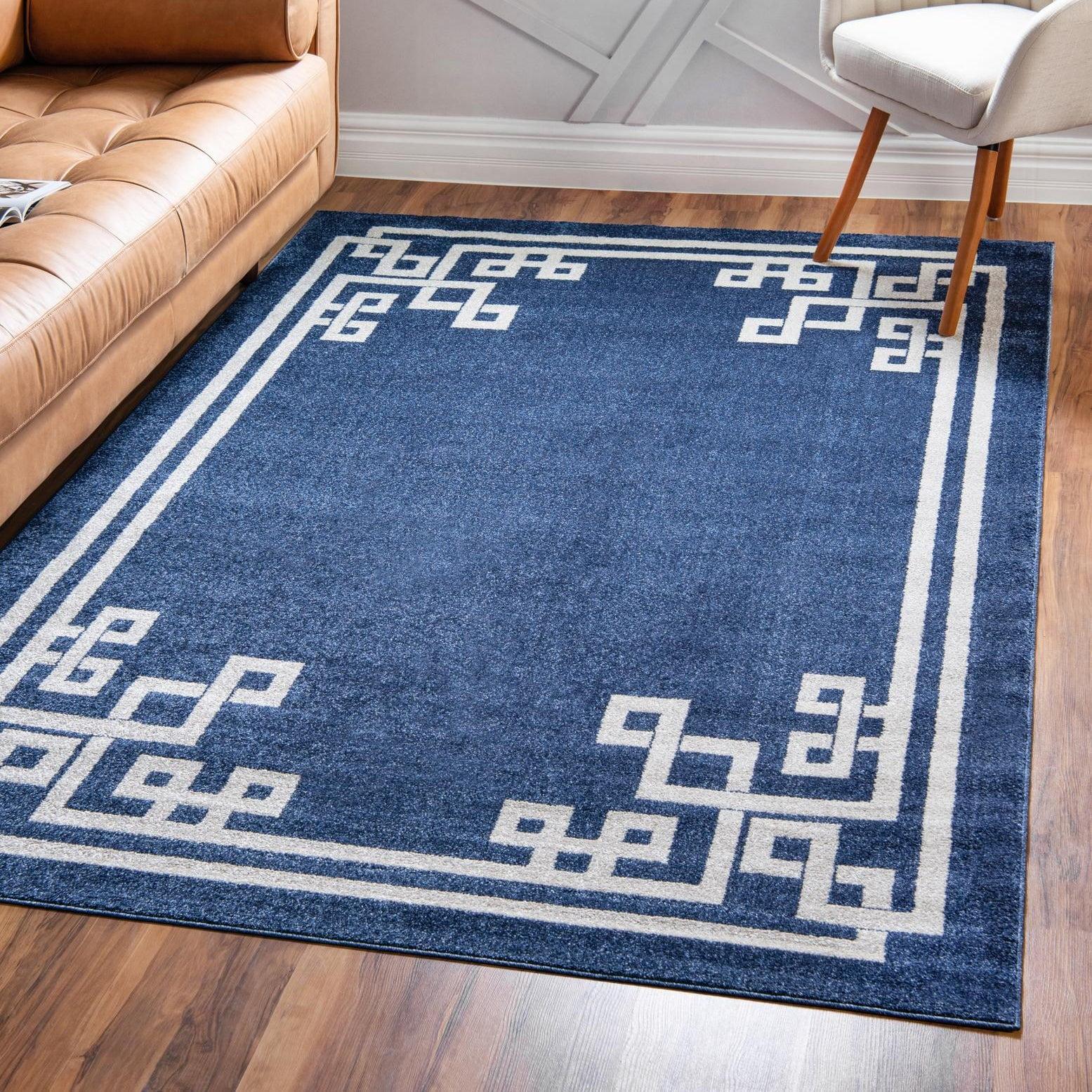 Navy Blue Geometric Synthetic Rectangular Rug 8' x 11' 4"