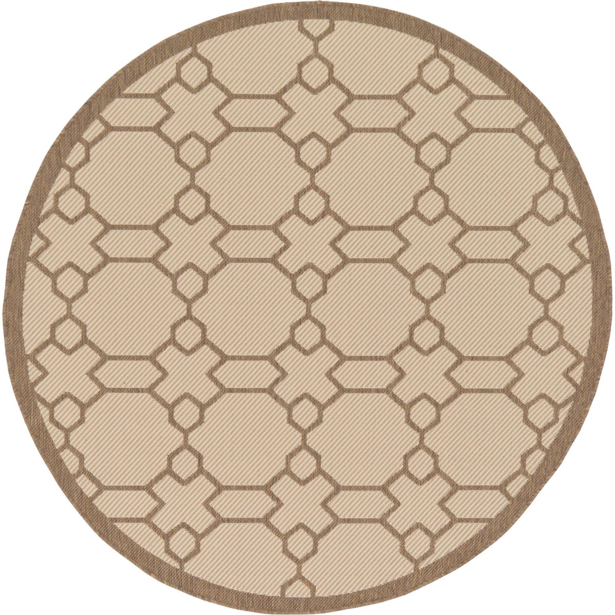 Beige and Brown Round Outdoor Synthetic Area Rug