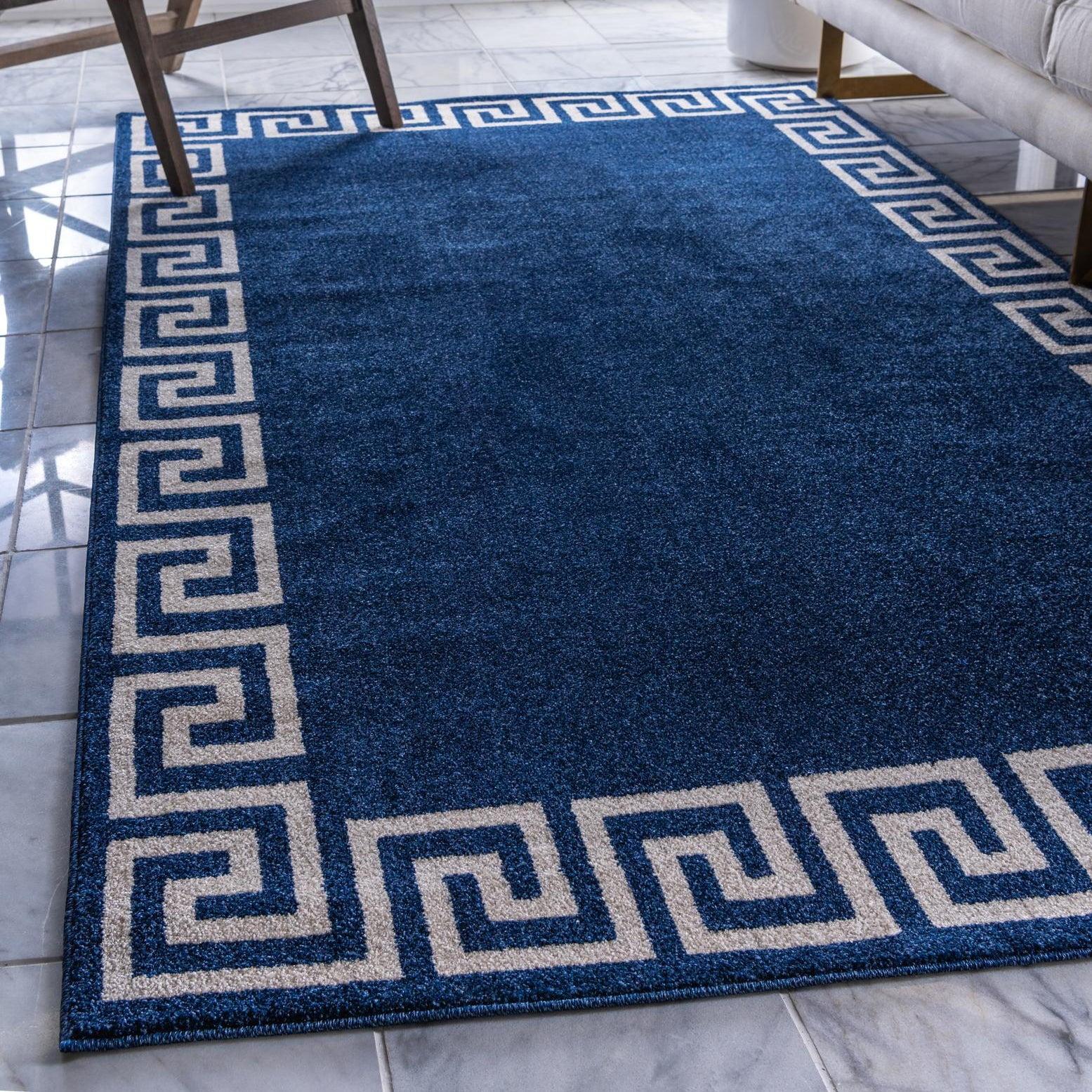 Handmade Navy Blue Geometric Synthetic Rectangular Rug