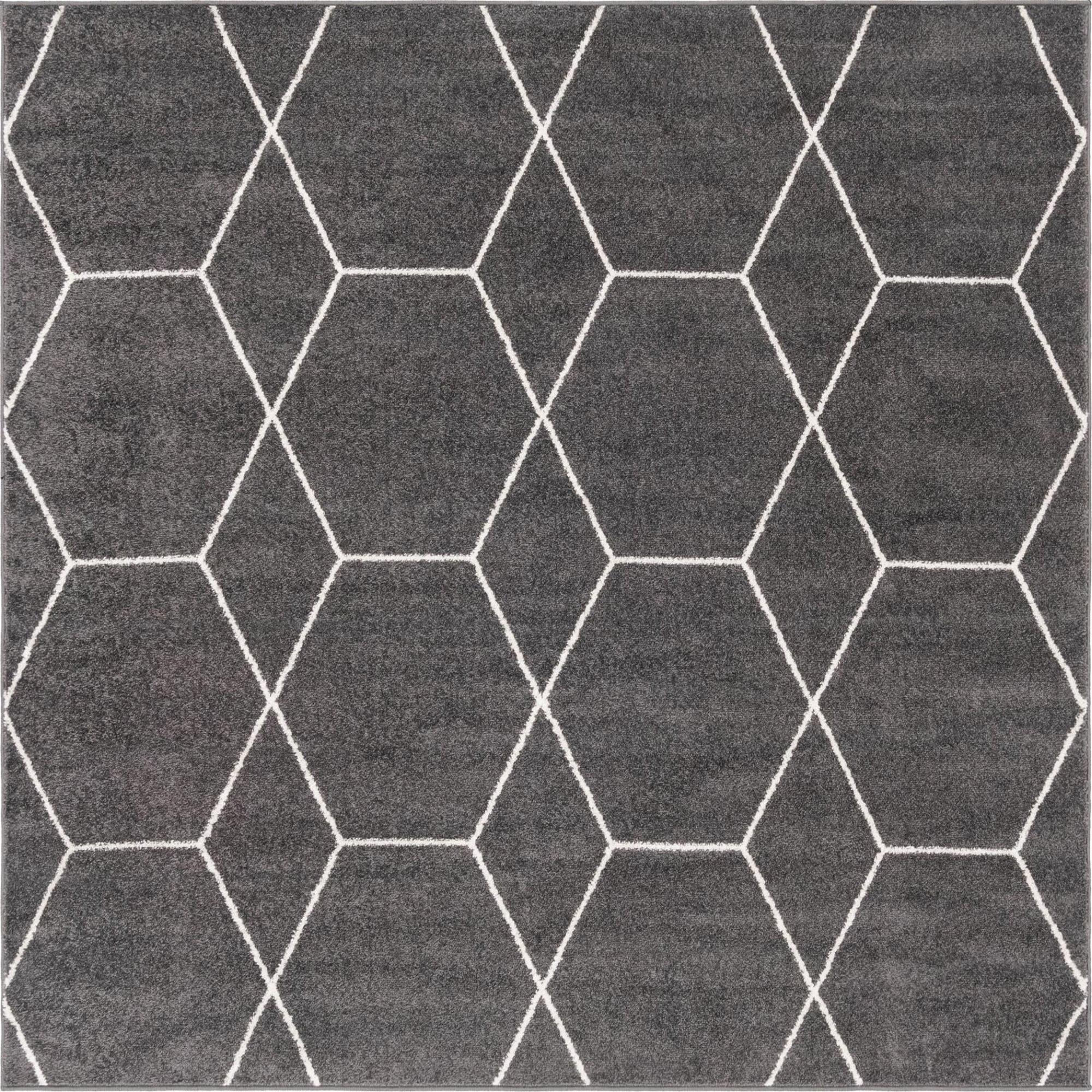 5' Square Dark Gray & Ivory Geometric Synthetic Area Rug