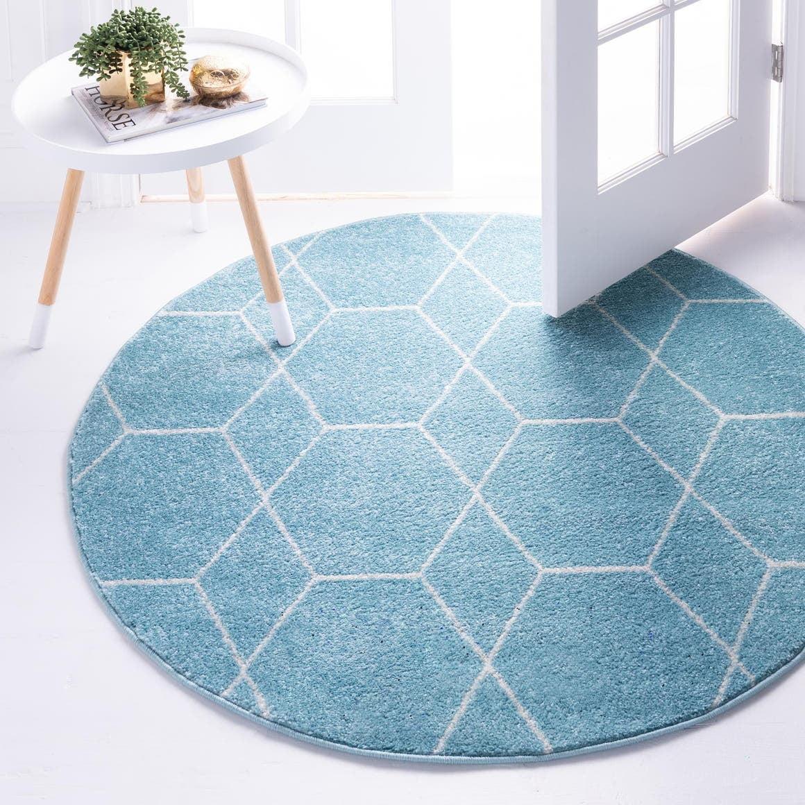 Light Blue and Ivory Round Geometric Trellis Rug