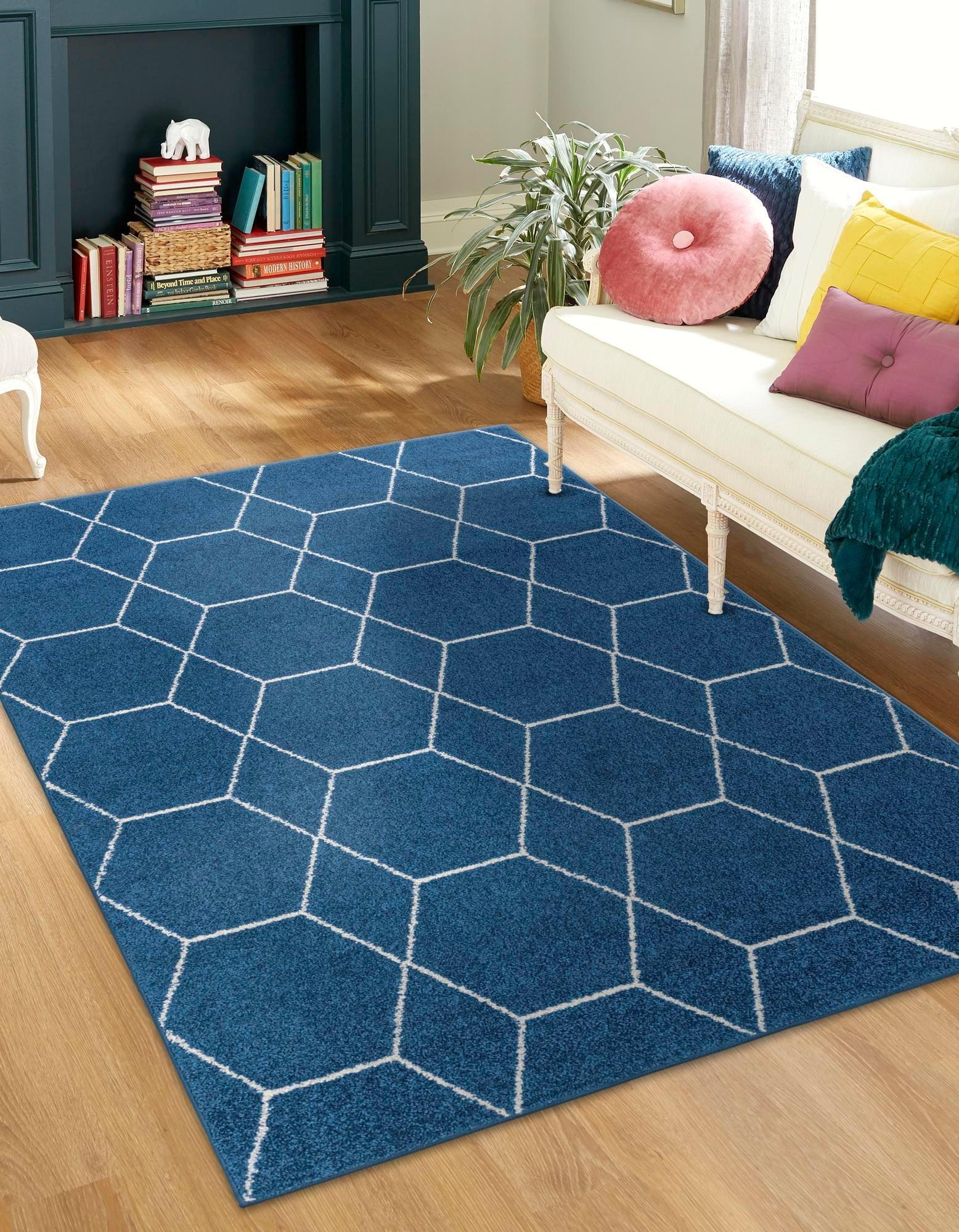 Navy Blue Geometric Trellis Synthetic Indoor Area Rug