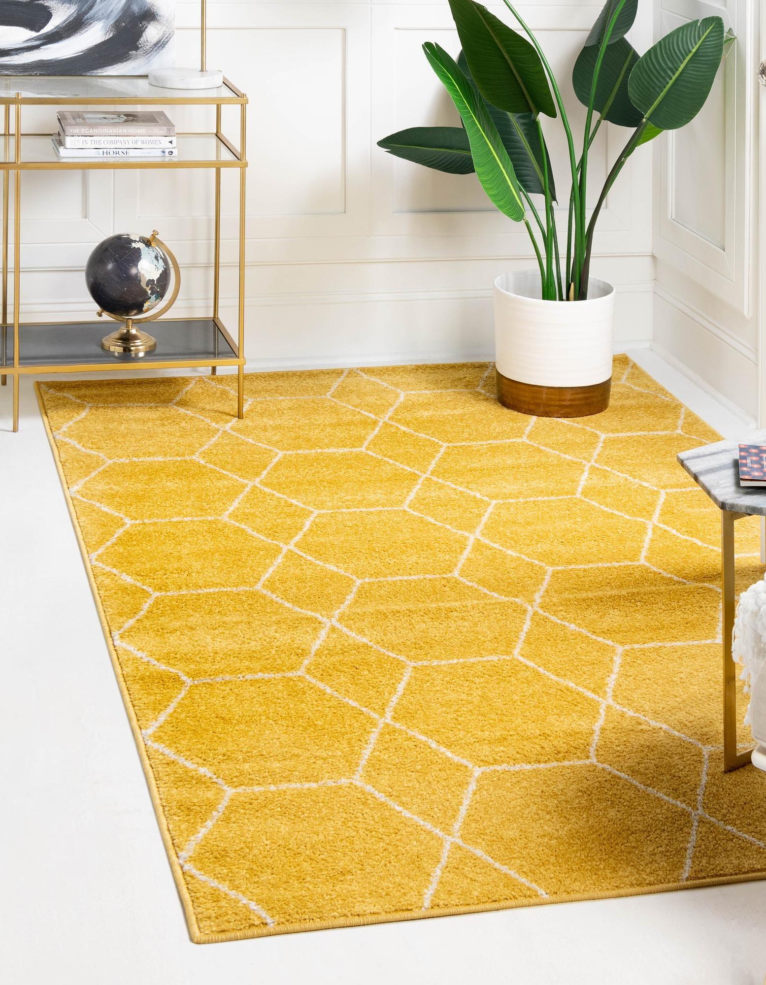 Yellow Geometric Trellis Easy Care Synthetic Area Rug