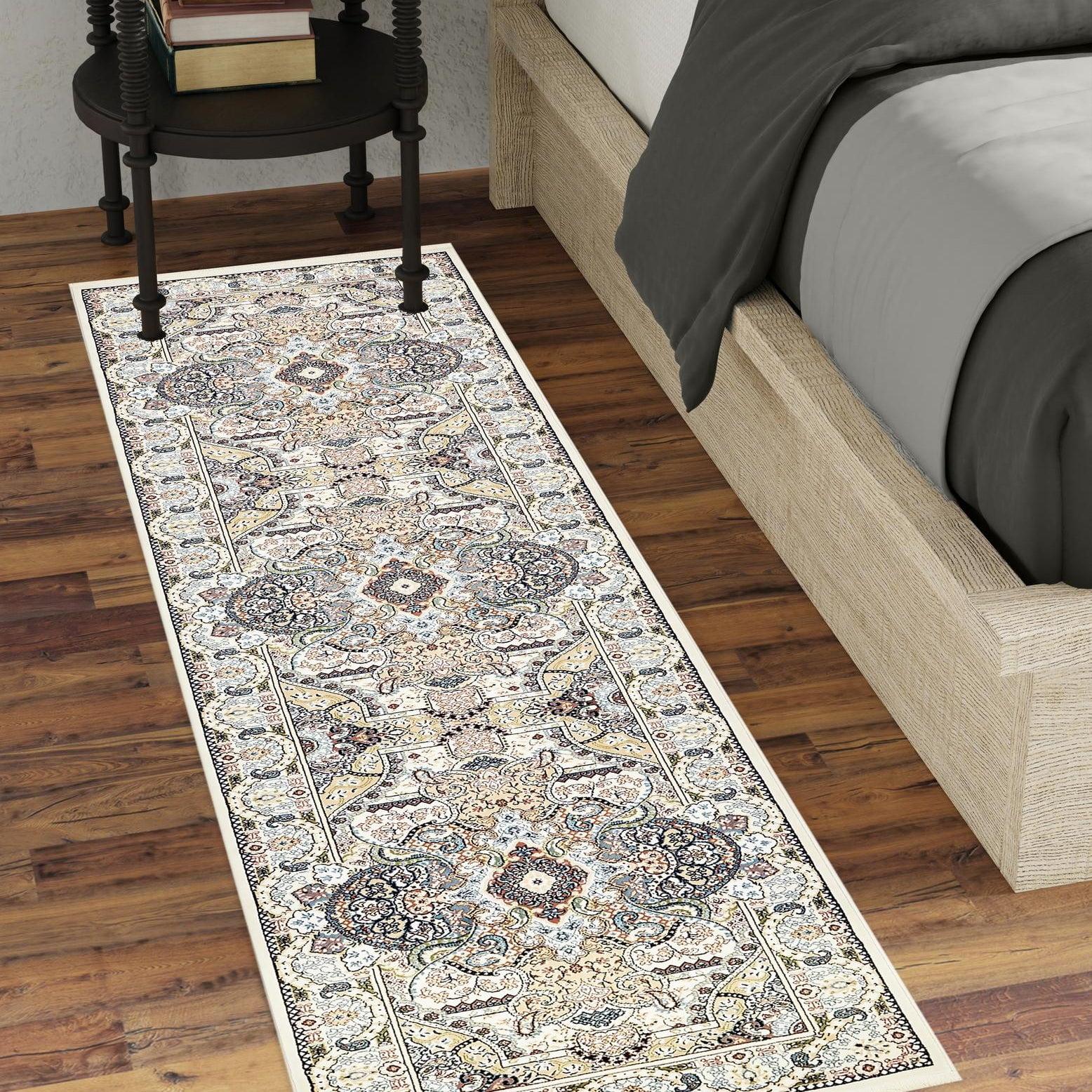 Ivory and Blue Synthetic Traditional Runner Rug, 3' x 13'