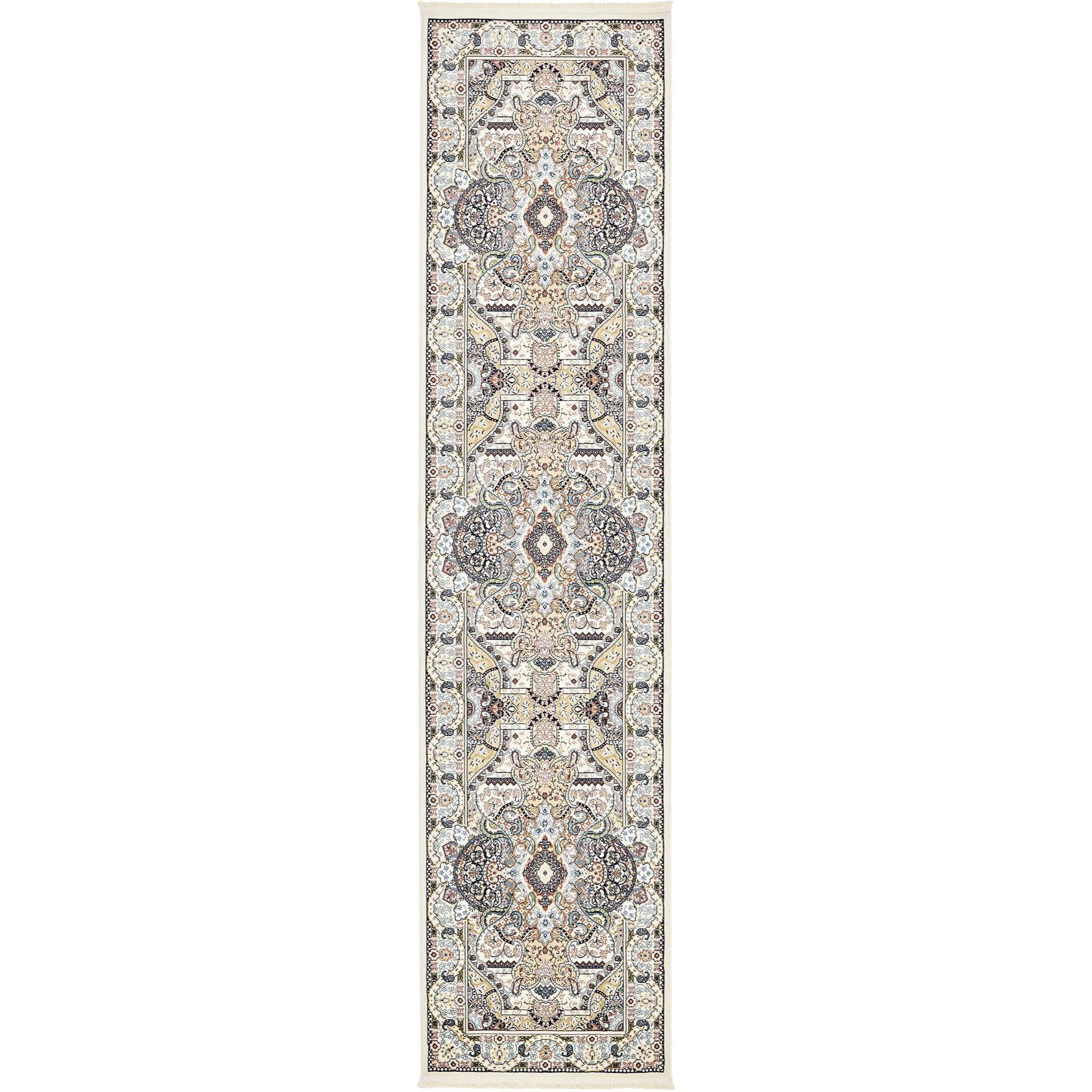 Ivory and Blue Synthetic Traditional Runner Rug, 3' x 13'