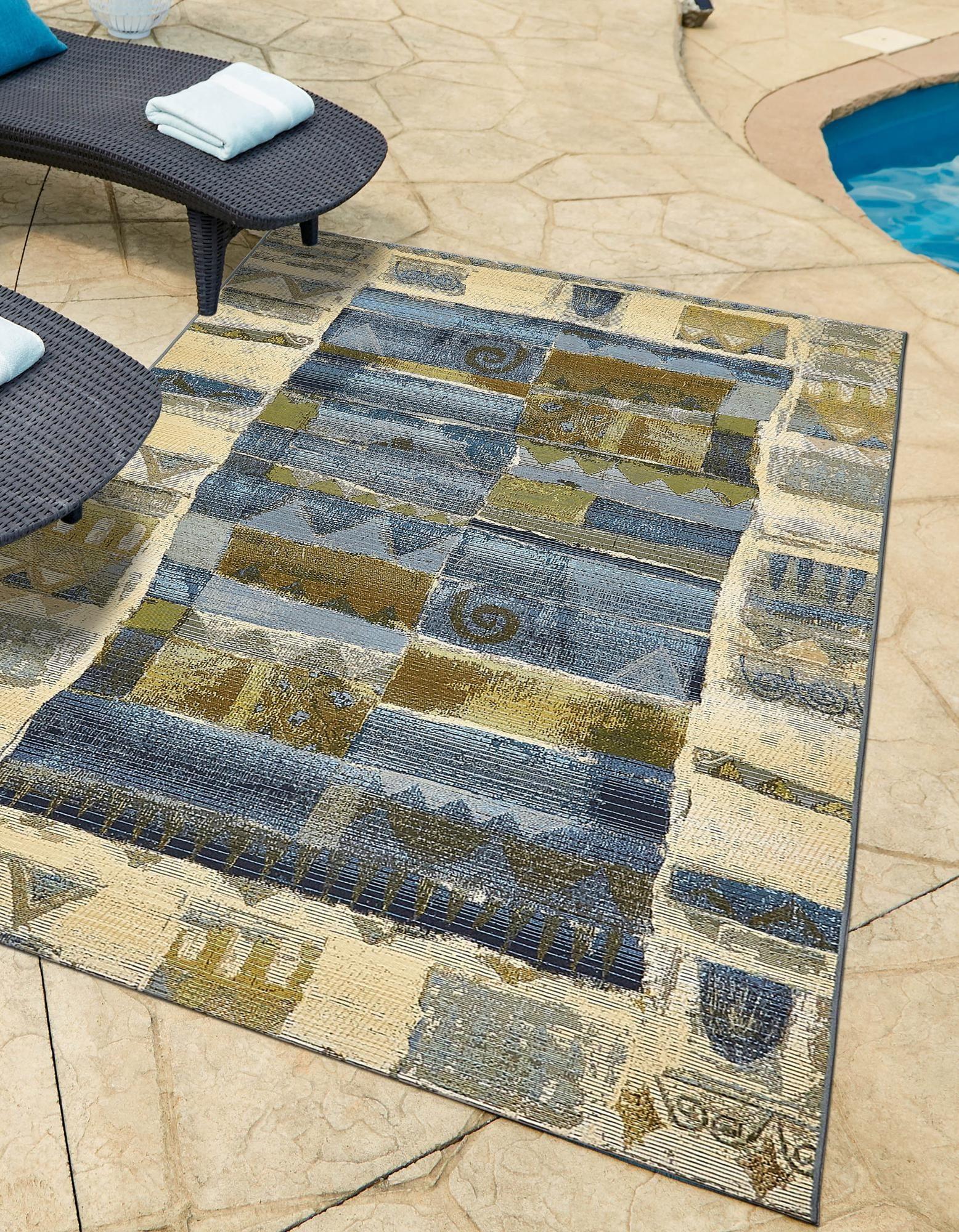 Unique Loom Outdoor Modern Collection Area Rug - Glyph (8' x 11' 4" Rectangle Blue/Beige)