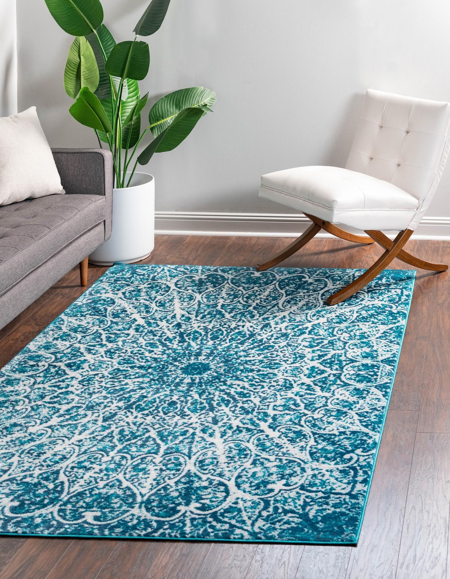 Reversible Easy-Care Turquoise Synthetic 6' x 9' Rectangular Rug