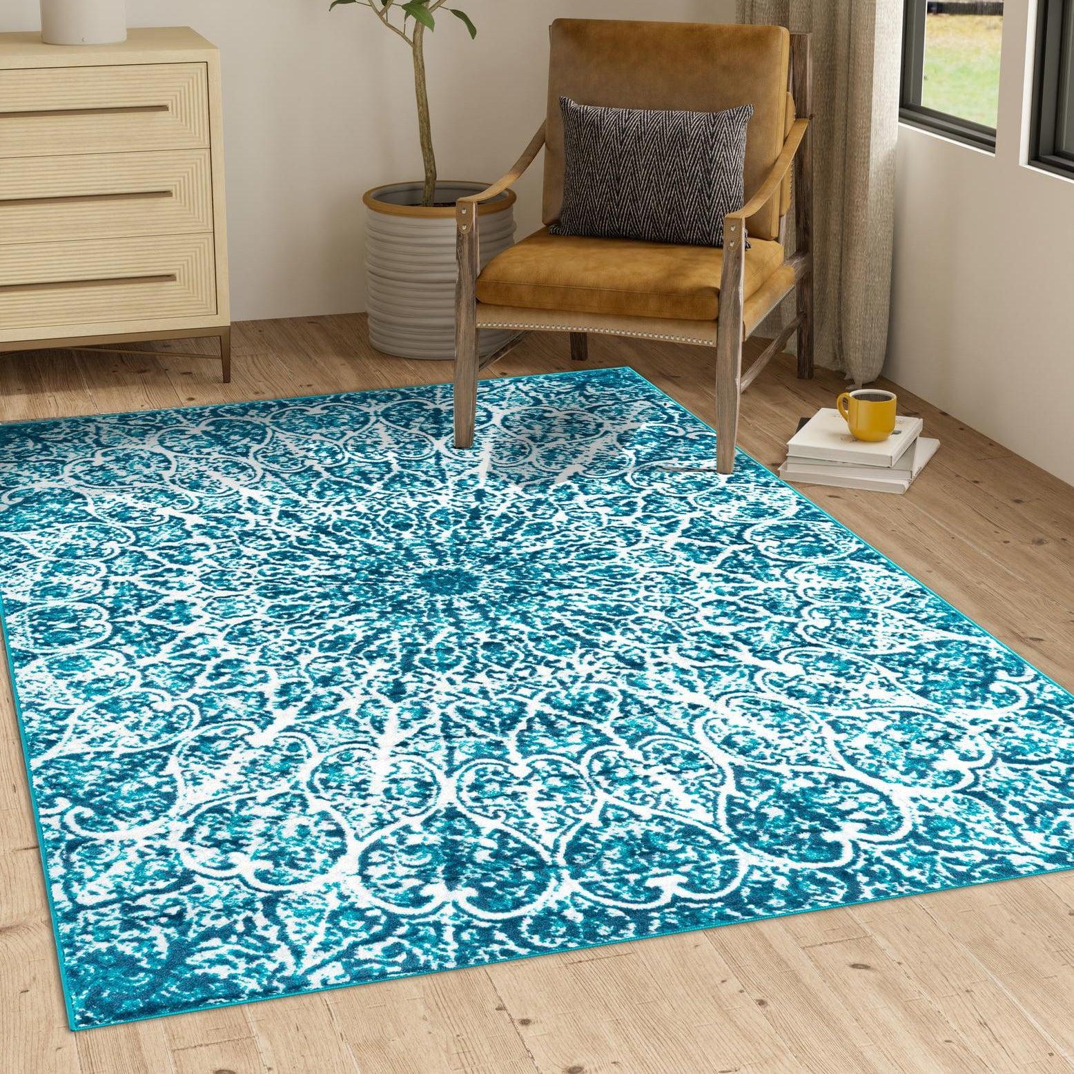 Turquoise and Ivory Rectangular Stain-Resistant Area Rug