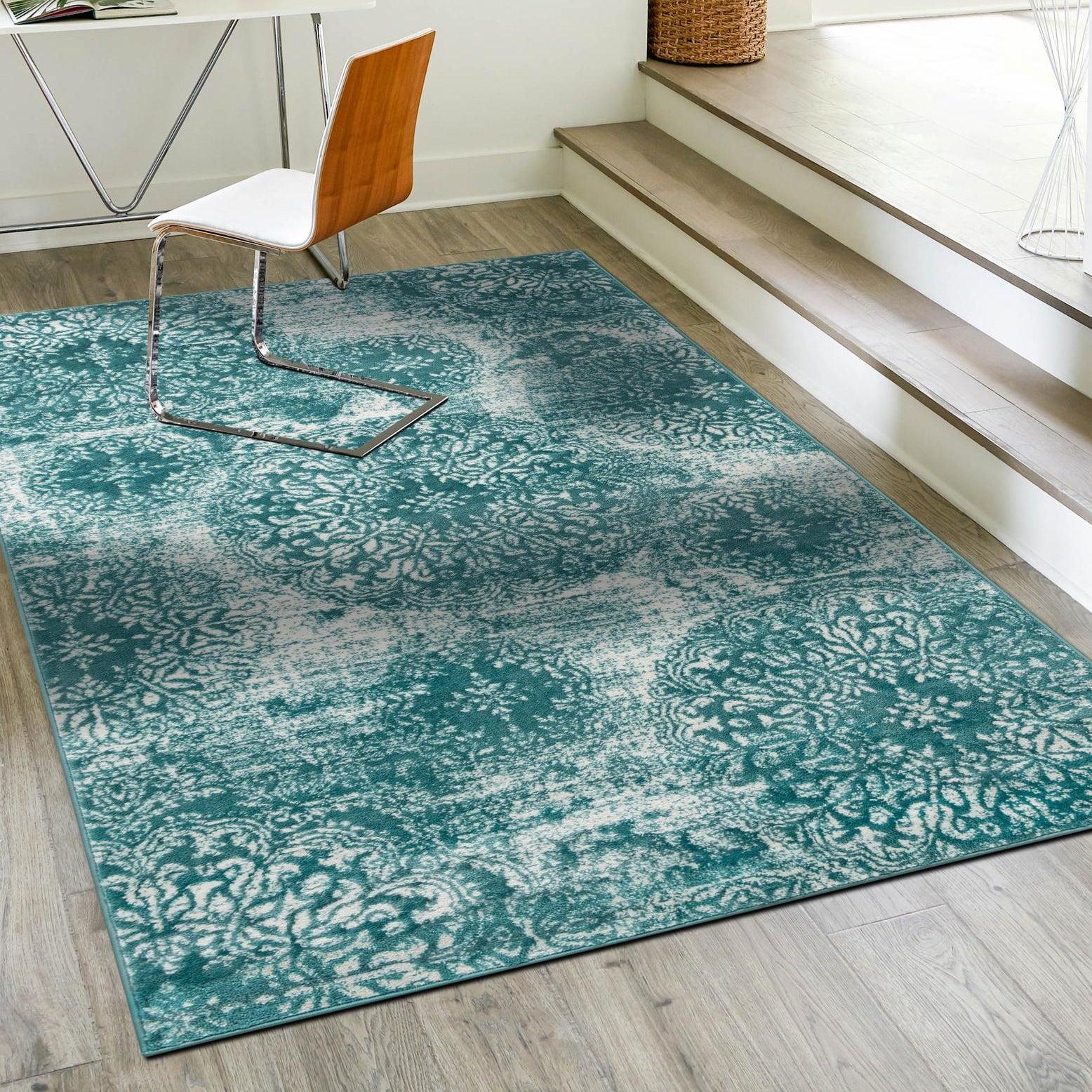 Turquoise and Ivory Rectangular Synthetic Area Rug