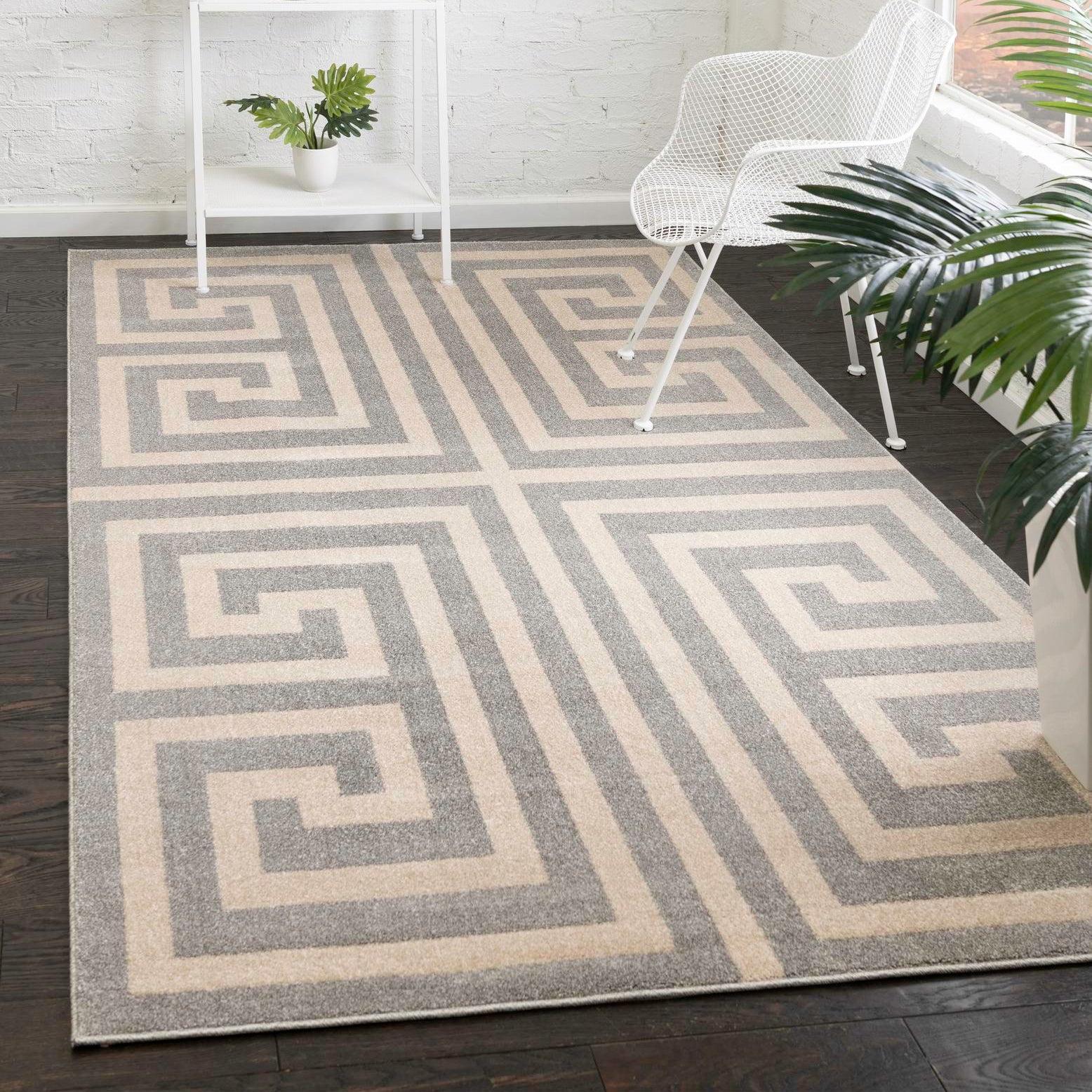 Gray and Beige Geometric Rectangular Easy Care Rug