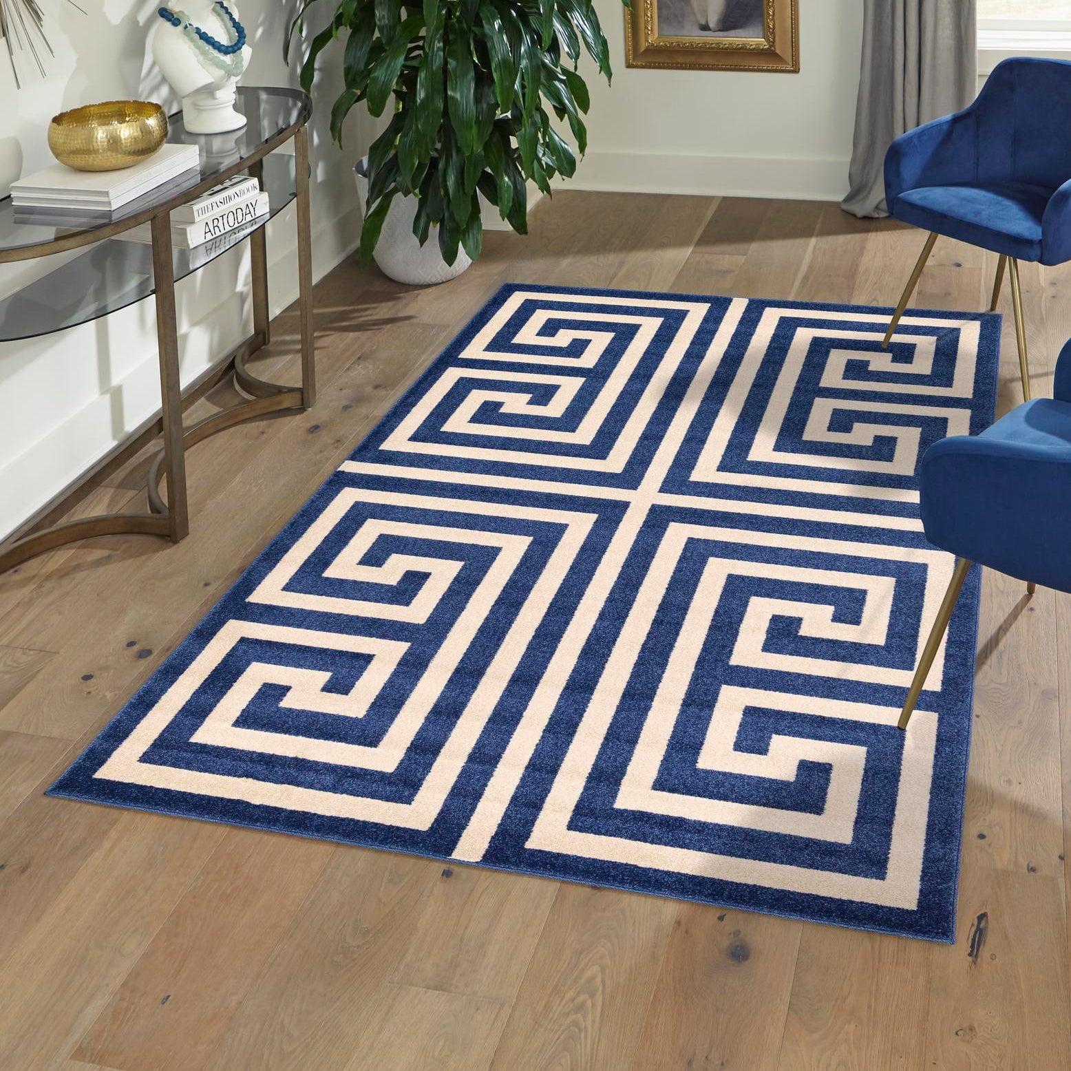 Navy Blue Geometric 6' x 9' Handmade Synthetic Area Rug