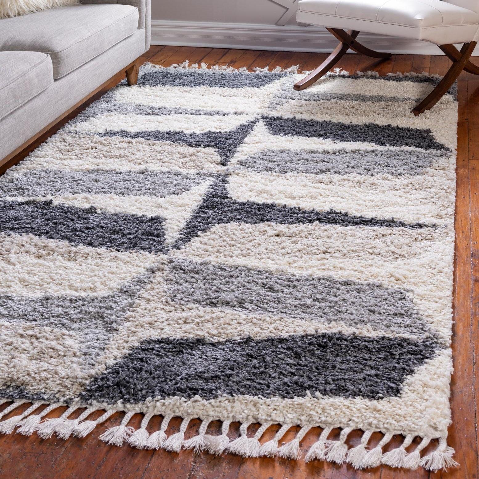 Unique Loom Hygge Shag Collection Area Rug - Balanced (4' 1" x 6' 1" Rectangle Gray/Ivory)