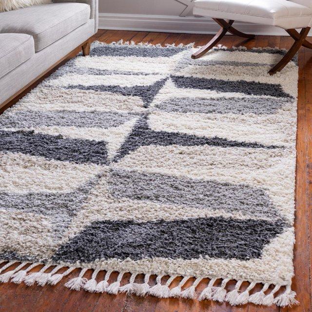 Unique Loom Hygge Shag Collection Area Rug - Balanced (4' 1" x 6' 1" Rectangle Gray/Ivory)