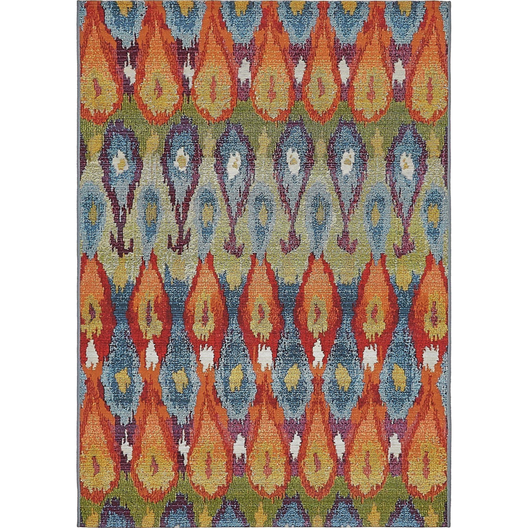 Unique Loom Ikat Indoor/Outdoor Modern Rug Multi/Burgundy 4' 1" x 6' 1" Rectangle Textured Ikat Traditional Flatweave Perfect For Patio Deck Garage Entryway