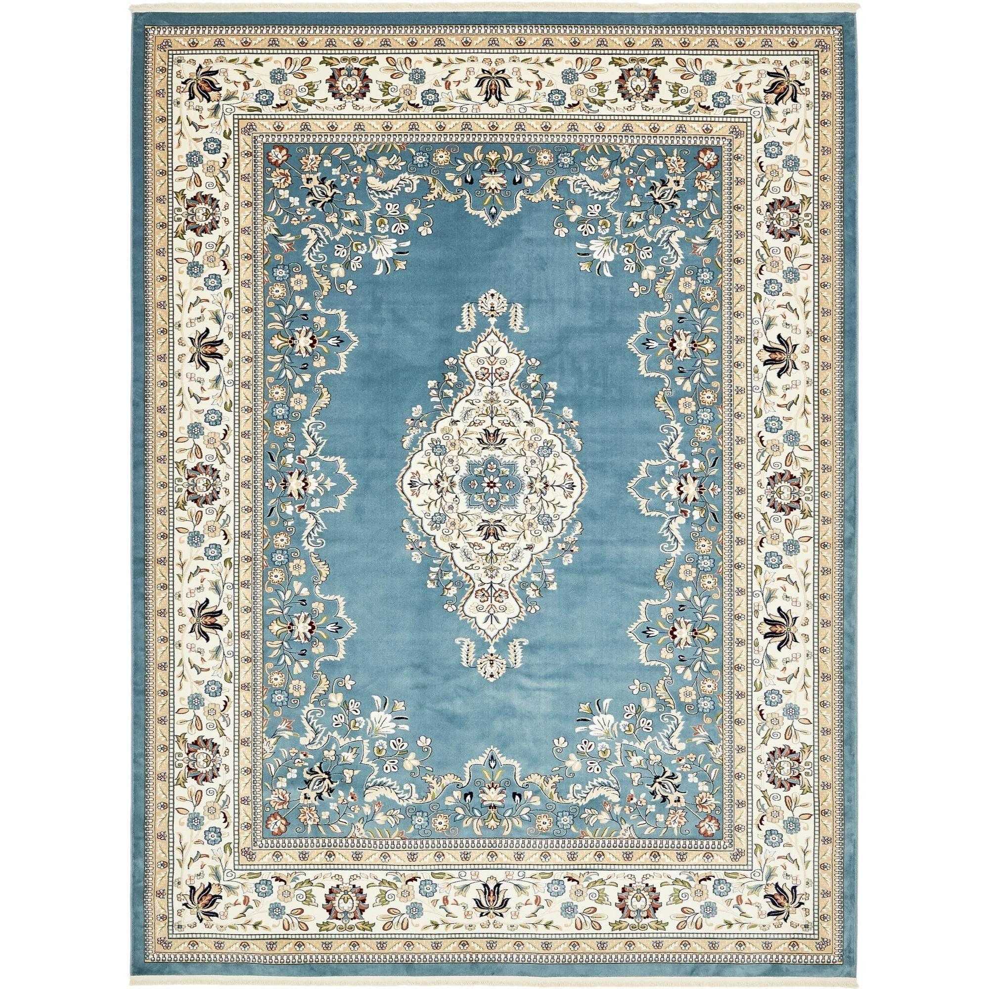 Blue Rectangular Traditional Synthetic Area Rug with Fringe