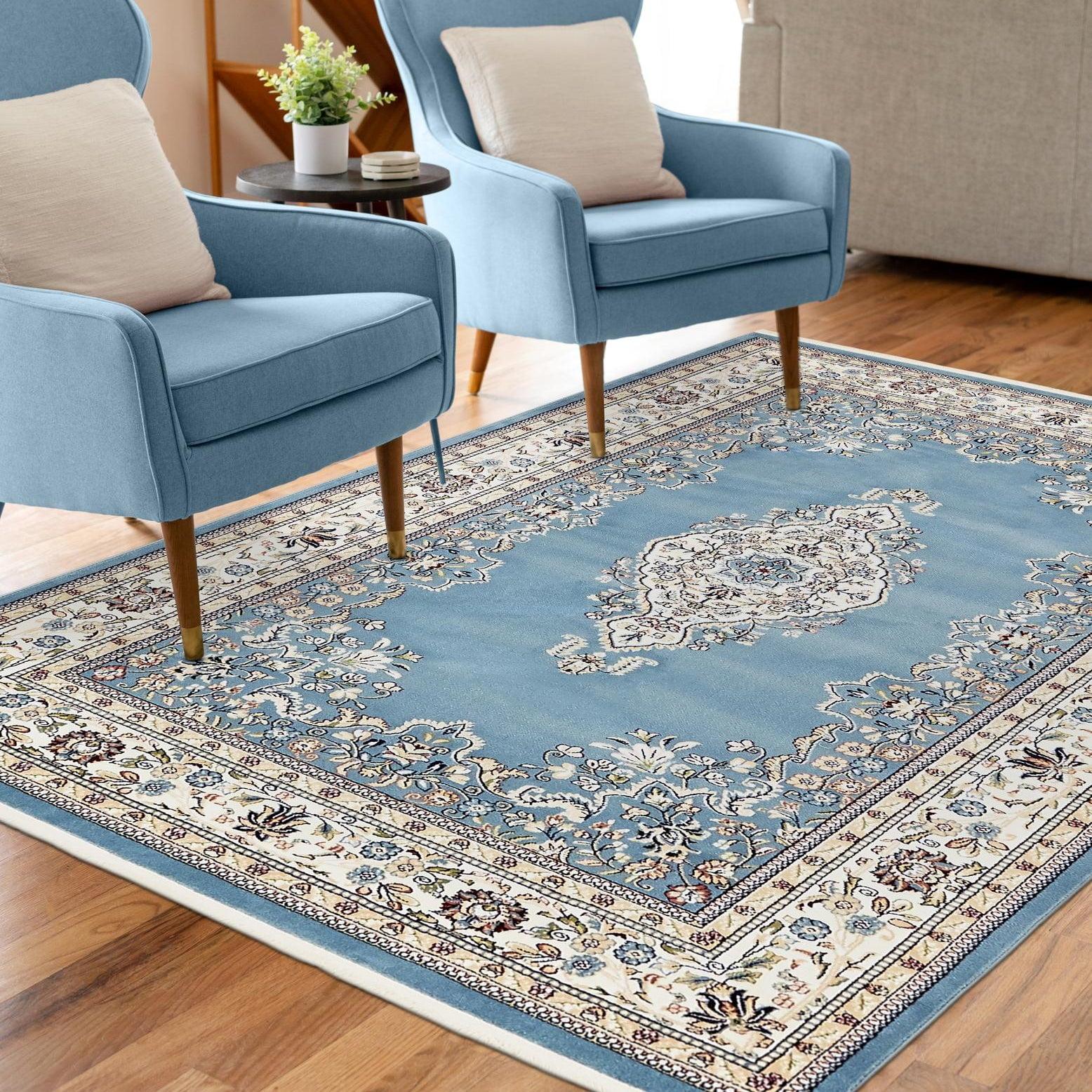 Blue Rectangular Traditional Synthetic Area Rug with Fringe