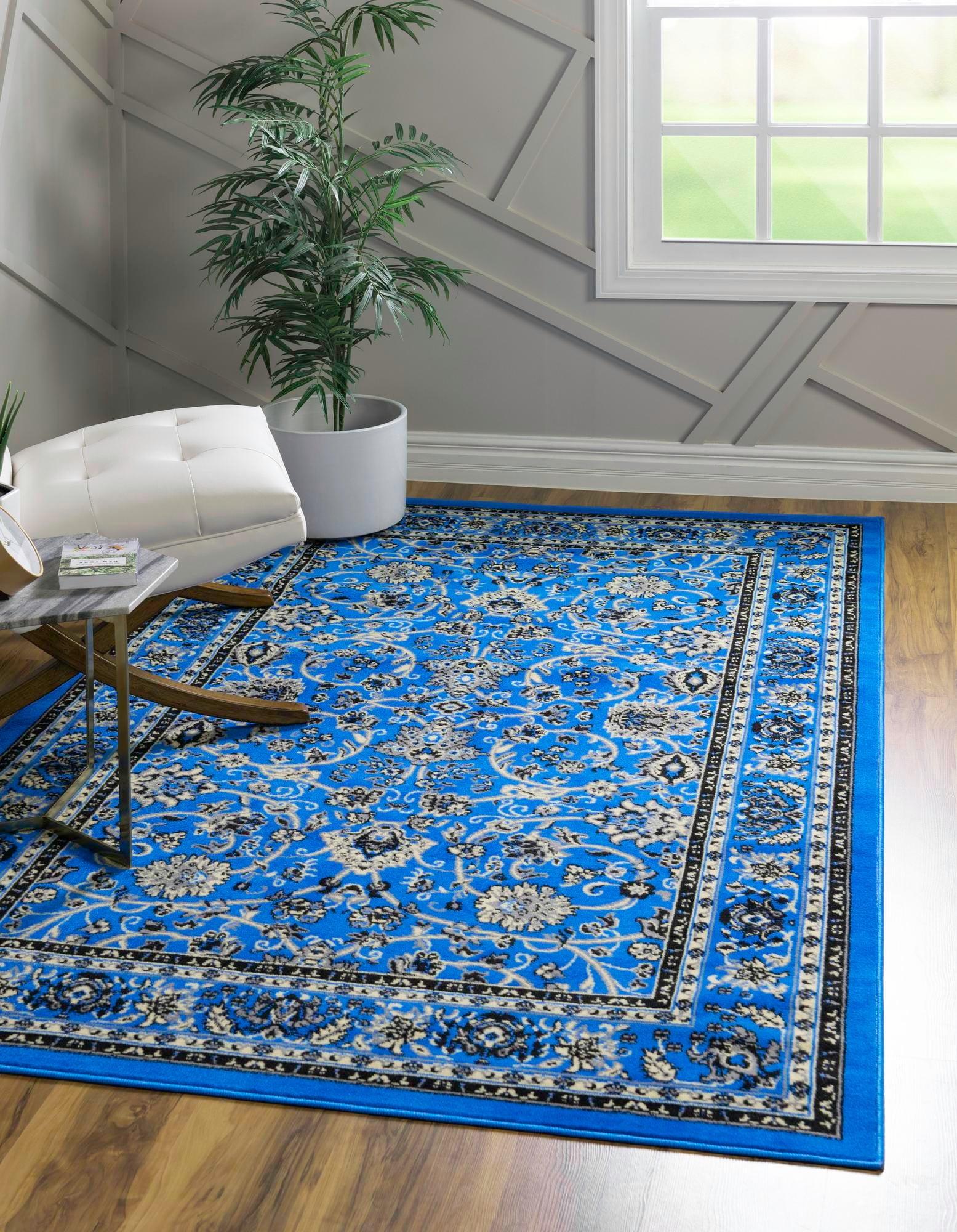 Blue and Ivory Synthetic Washable Reversible Area Rug