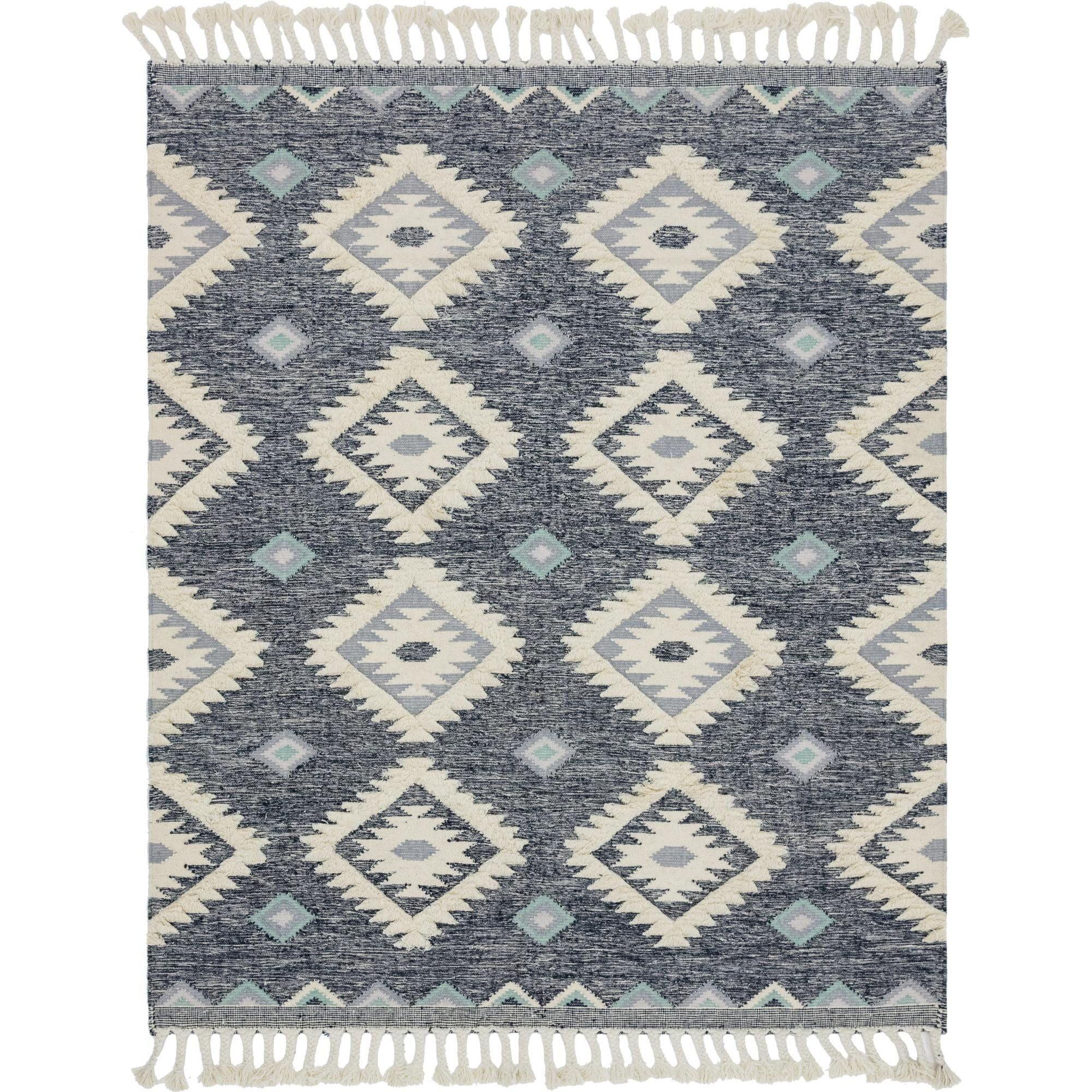 Handmade Dark Blue Geometric Wool Area Rug 8' x 10'