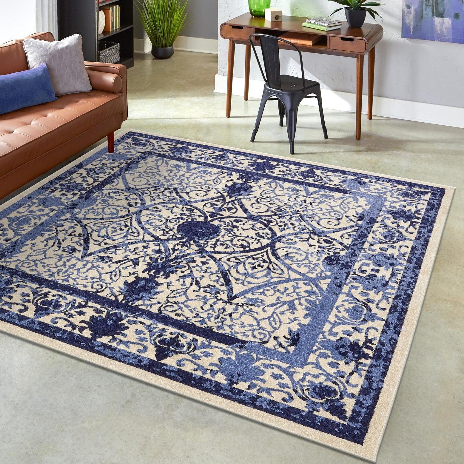 Ivory and Blue Square Stain-Resistant Synthetic Rug, 6' x 6'