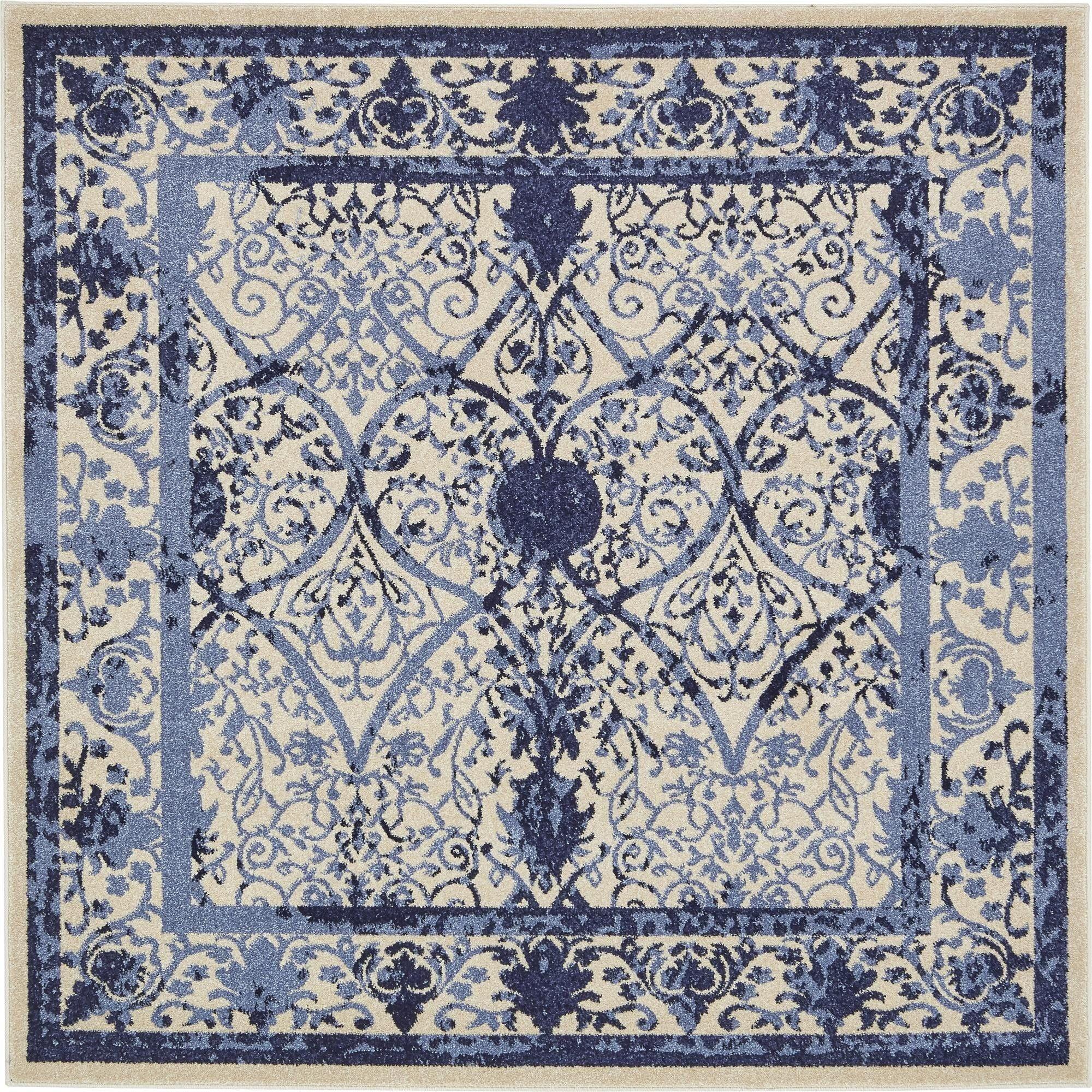 Ivory and Blue Square Stain-Resistant Synthetic Rug, 6' x 6'