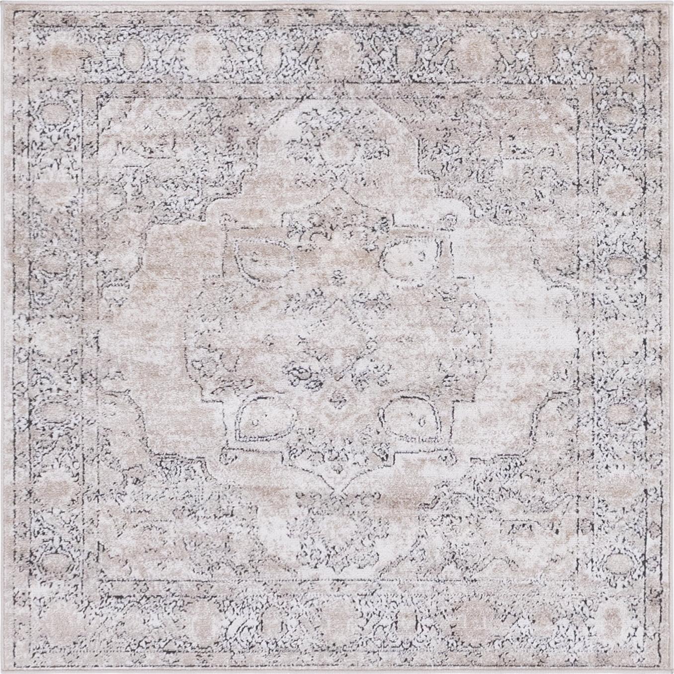 Modern Elegance Ivory & Gray Square Synthetic Area Rug, 4' x 4'