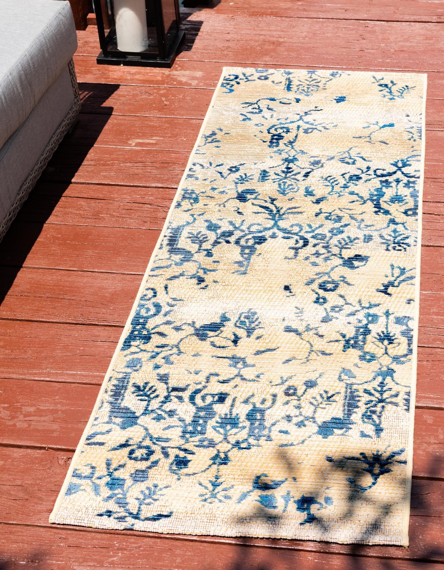 Blue and Brown Synthetic Flat Woven Reversible Runner