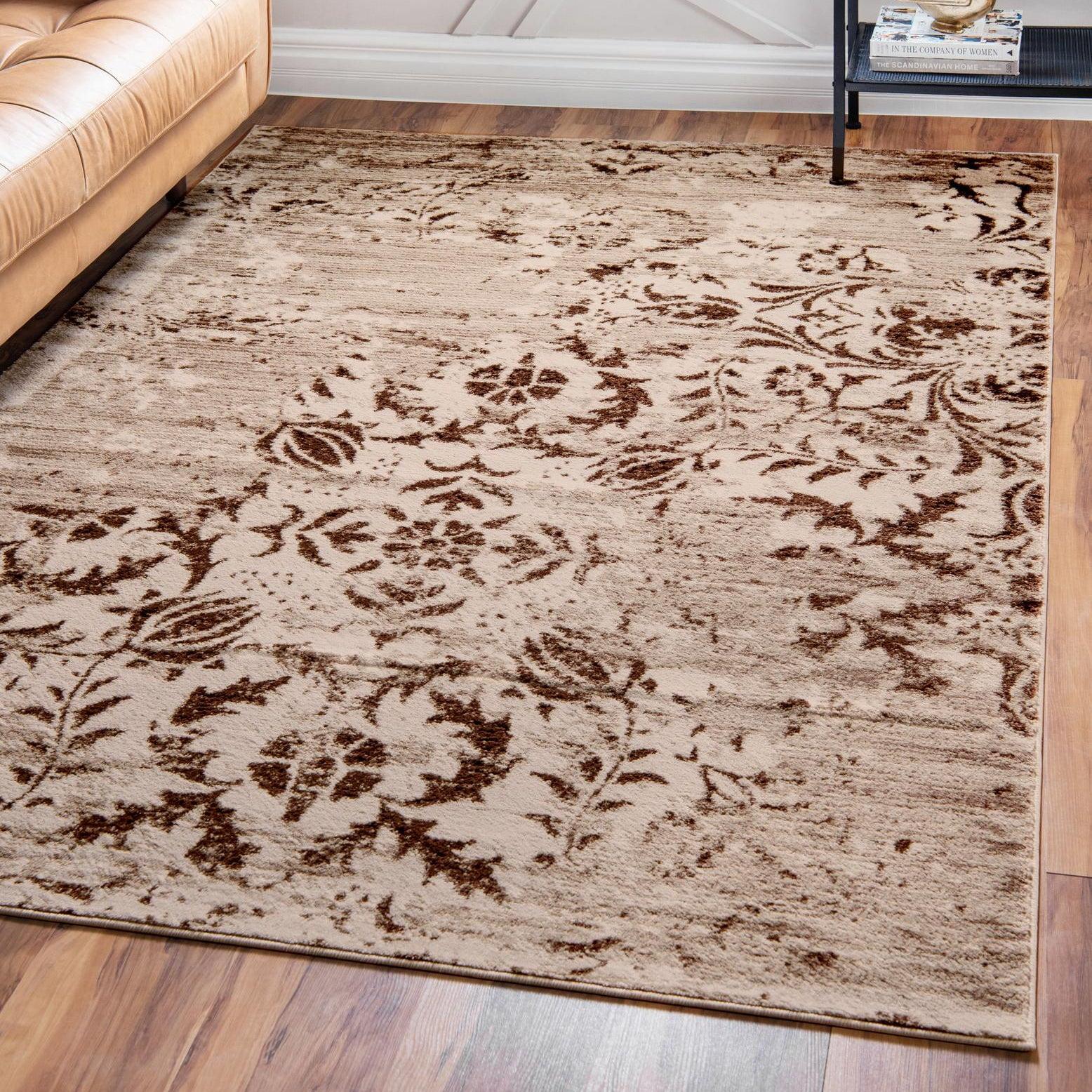 Elegant Floral 4' x 6' Synthetic Brown Rectangular Rug